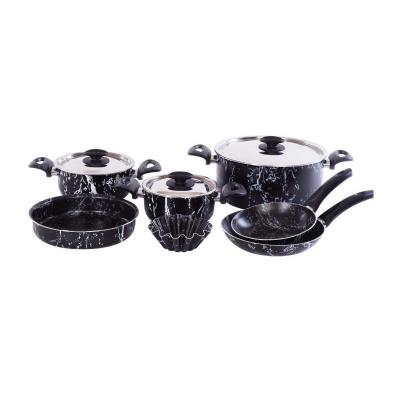 Grandi Cook Marble set 10 pcs Stewpot 16-18-26 +Frypan 18-22 +Round Oven tray 22 +Broush Marbel Black