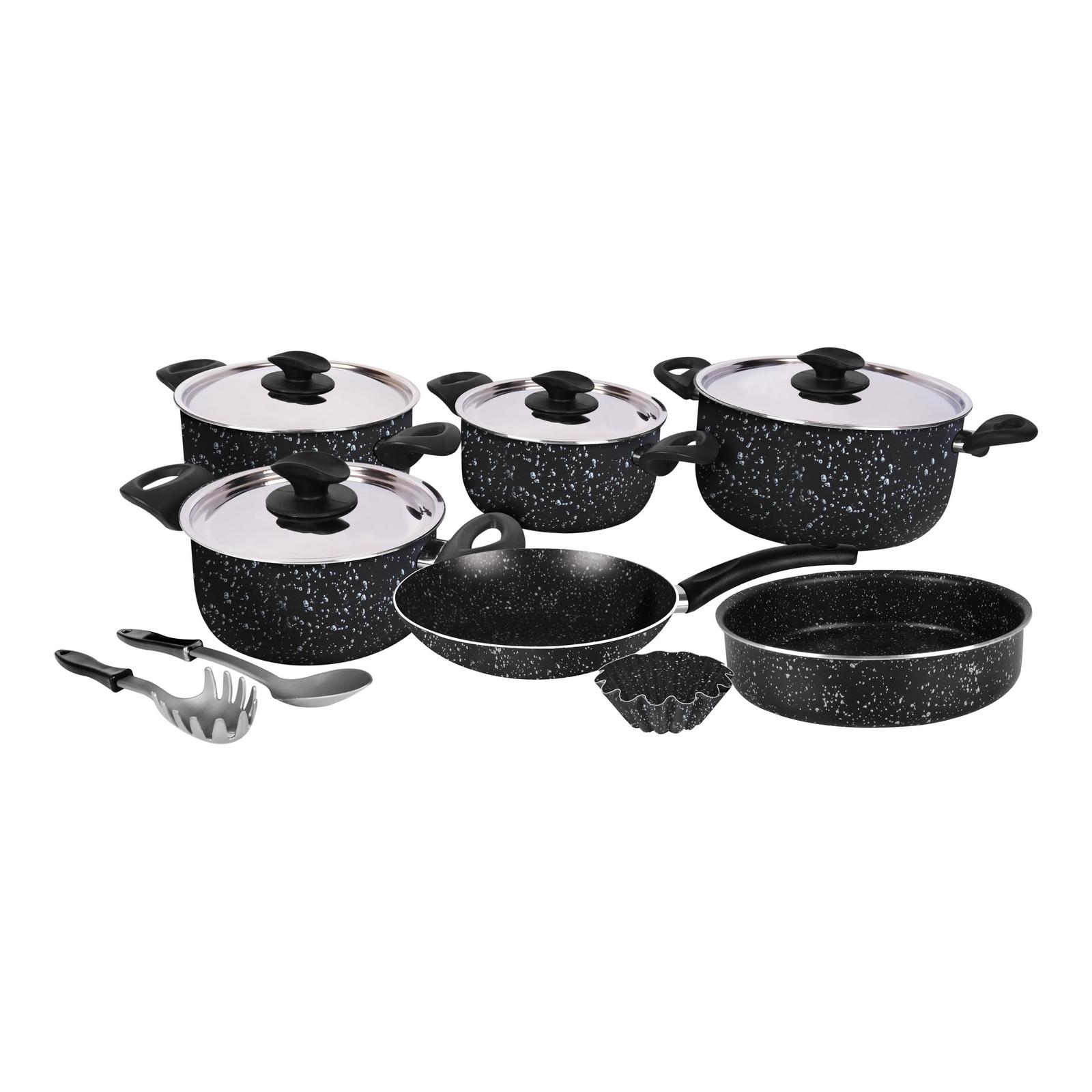 Grandi Cook Marble set 11 pcs Stewpot 16-18-20-26+Frypan 20 +Round Oven tray 22+Broush 14+ 2 Kitchen Tools Free Granite Blue