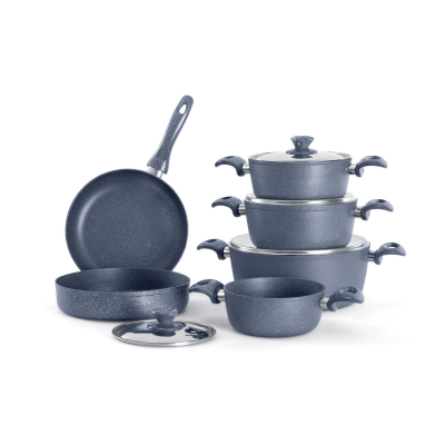 Titanium 10-piece cookware set (18, 20, 22, 28 cm pots) + 26 cm frying pan + 26 cm tray, blue granite