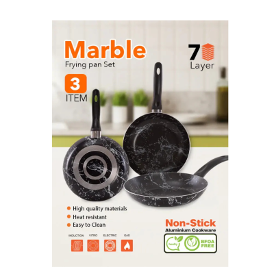 Marble Frypan Set 3 Pieces: 26 cm Deep Frypan + 18 cm & 22 cm Frypans – Black Granite