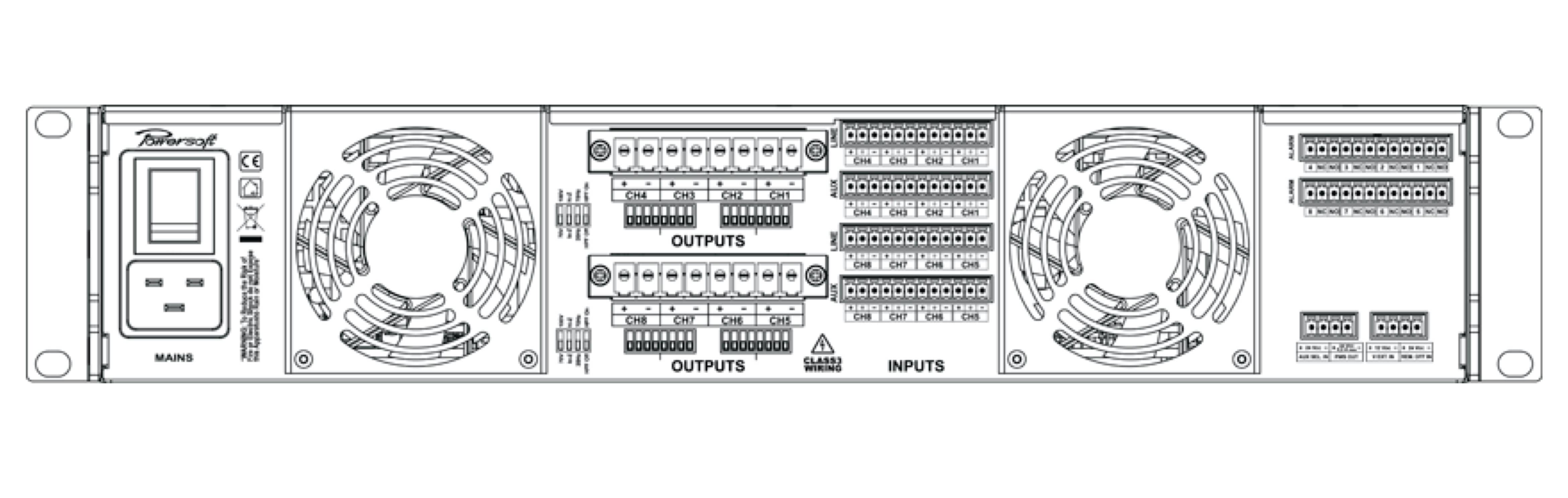 POWERSOFT OTTOCANALI 4K4 Amplificateur de Puissance 8 x 500 watts sous 4Ω (avec Option DSP + Dante)