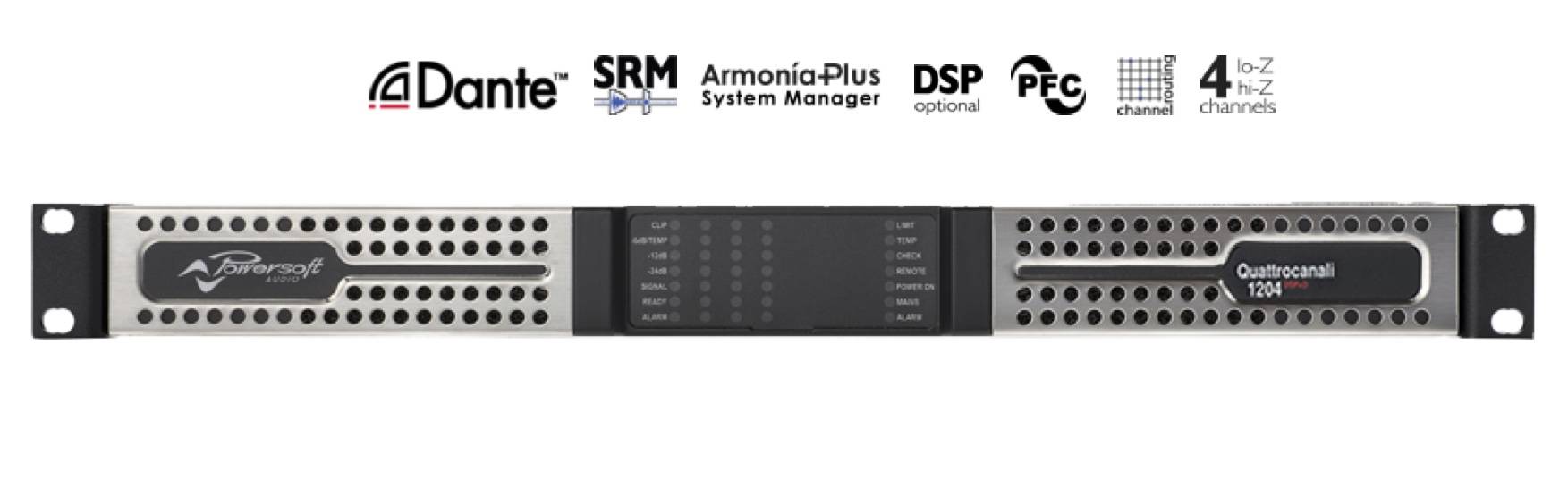 POWERSOFT QUATTROCANALI 1204 Amplificateur de Puissance 4 x 300 watts sous 4Ω (avec Option DSP + Dante)