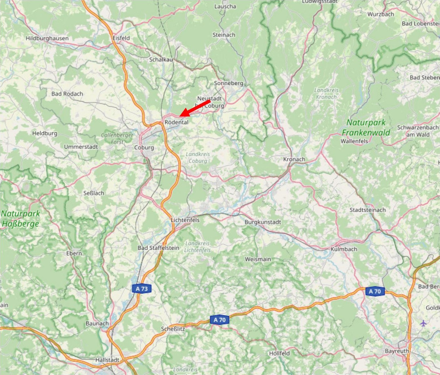 Lagekarte der Umgebung von Rödental mit markierter Position in der Nähe der Mecklenburger Straße 14, 96472 Rödental