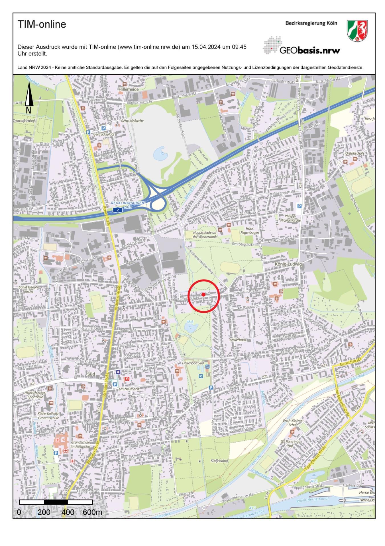 Lagekarte mit rotem Kreis zur Kennzeichnung der Position Gudrunstraße 1a in Marl, umgeben von Straßen, Gebäuden und Grünflächen