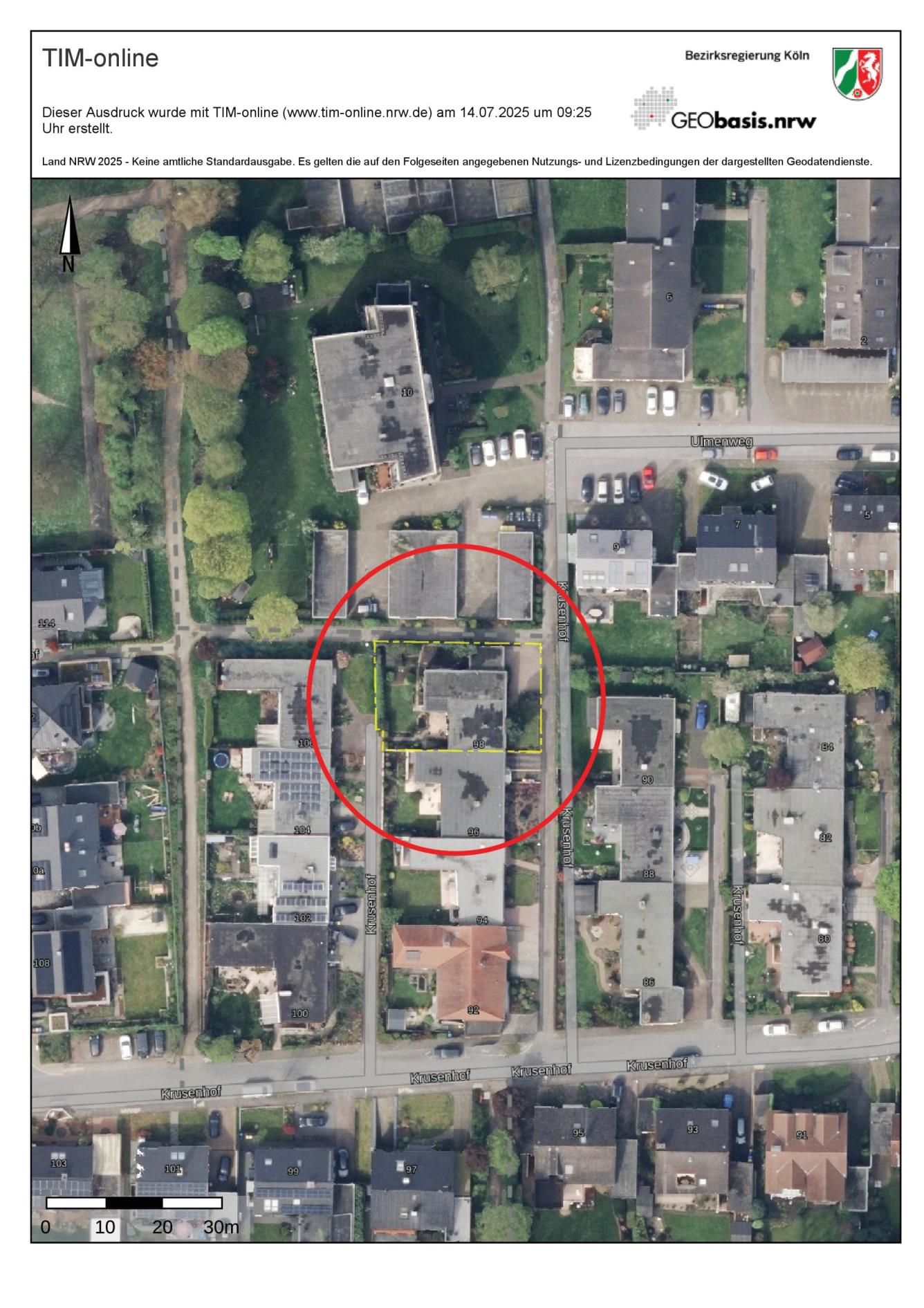 Luftbild der Gudrunstraße 1a in Marl mit markierter Grundstücksfläche, umgeben von Wohnhäusern und Grünflächen