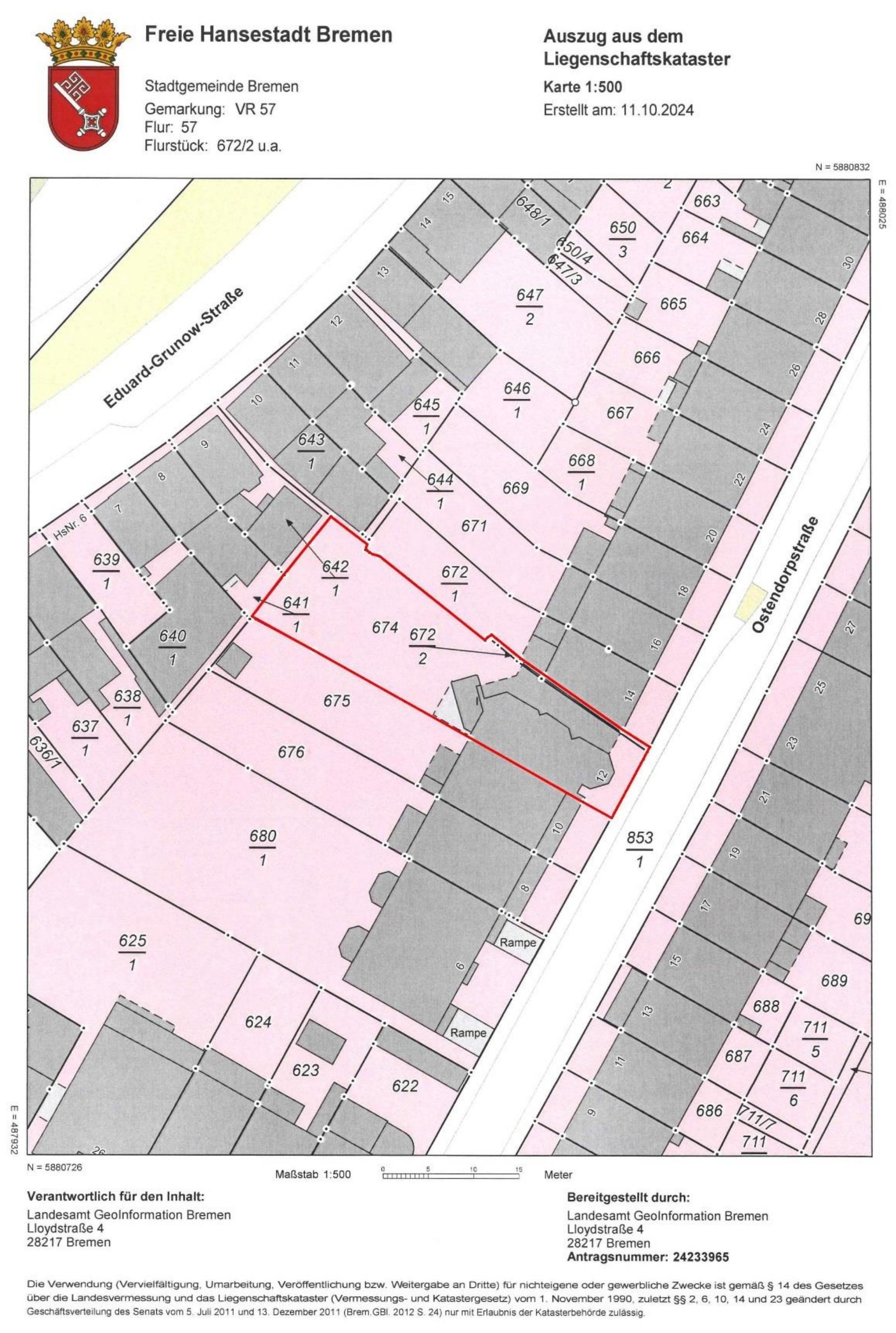 Flurkarte der Freien Hansestadt Bremen, Auszug aus dem Liegenschaftskataster mit Grundstücksnummern und Straßenbezeichnungen, darunter Ostendorpstraße und Eduard-Grunow-Straße