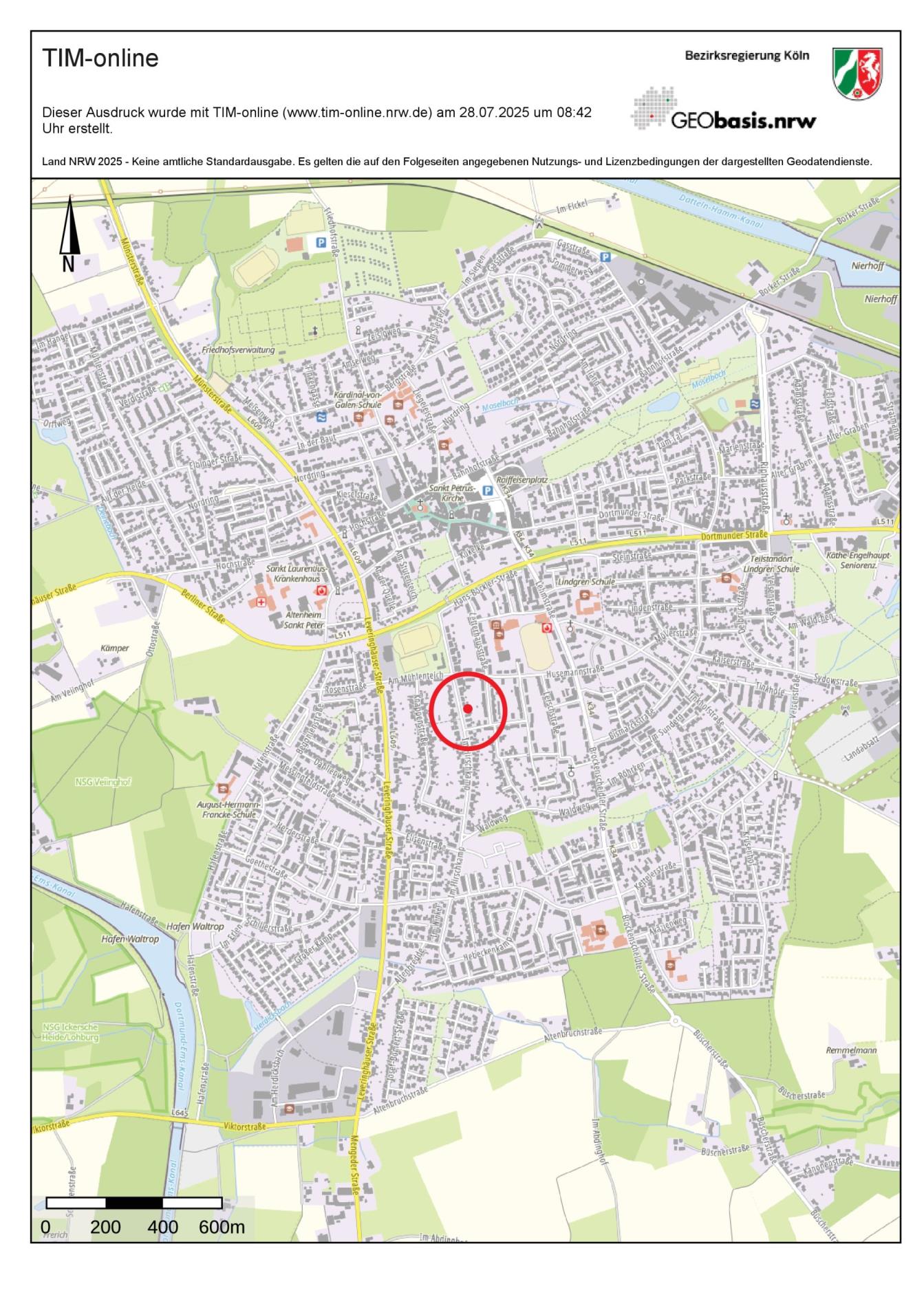 Lagekarte von Marl mit markierter Position an der Gudrunstraße 1a, umgeben von Wohngebieten und Grünflächen