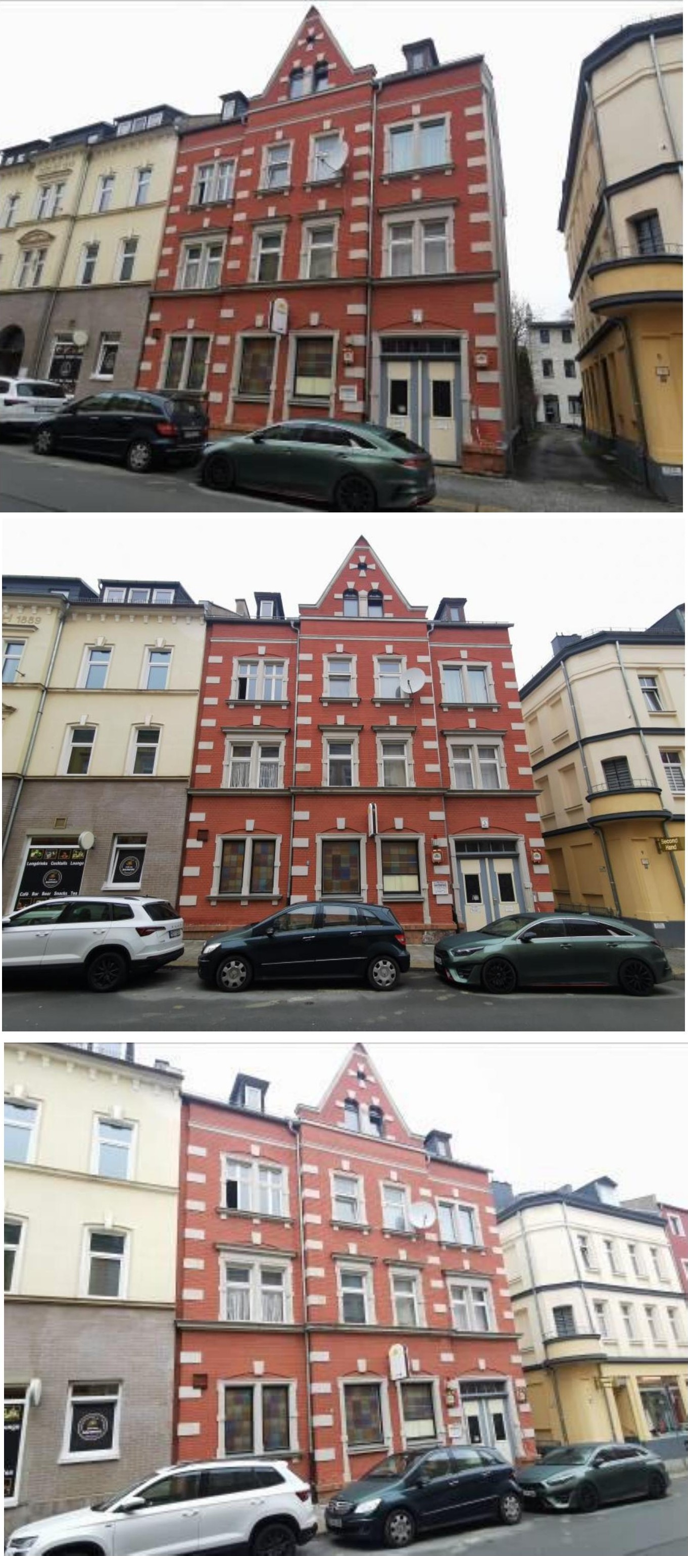 Fassade eines Mehrfamilienhauses in Hof, Sedanstraße 5, mit rotem Backstein, weißen Fensterrahmen und geparkten Autos vor dem Eingang