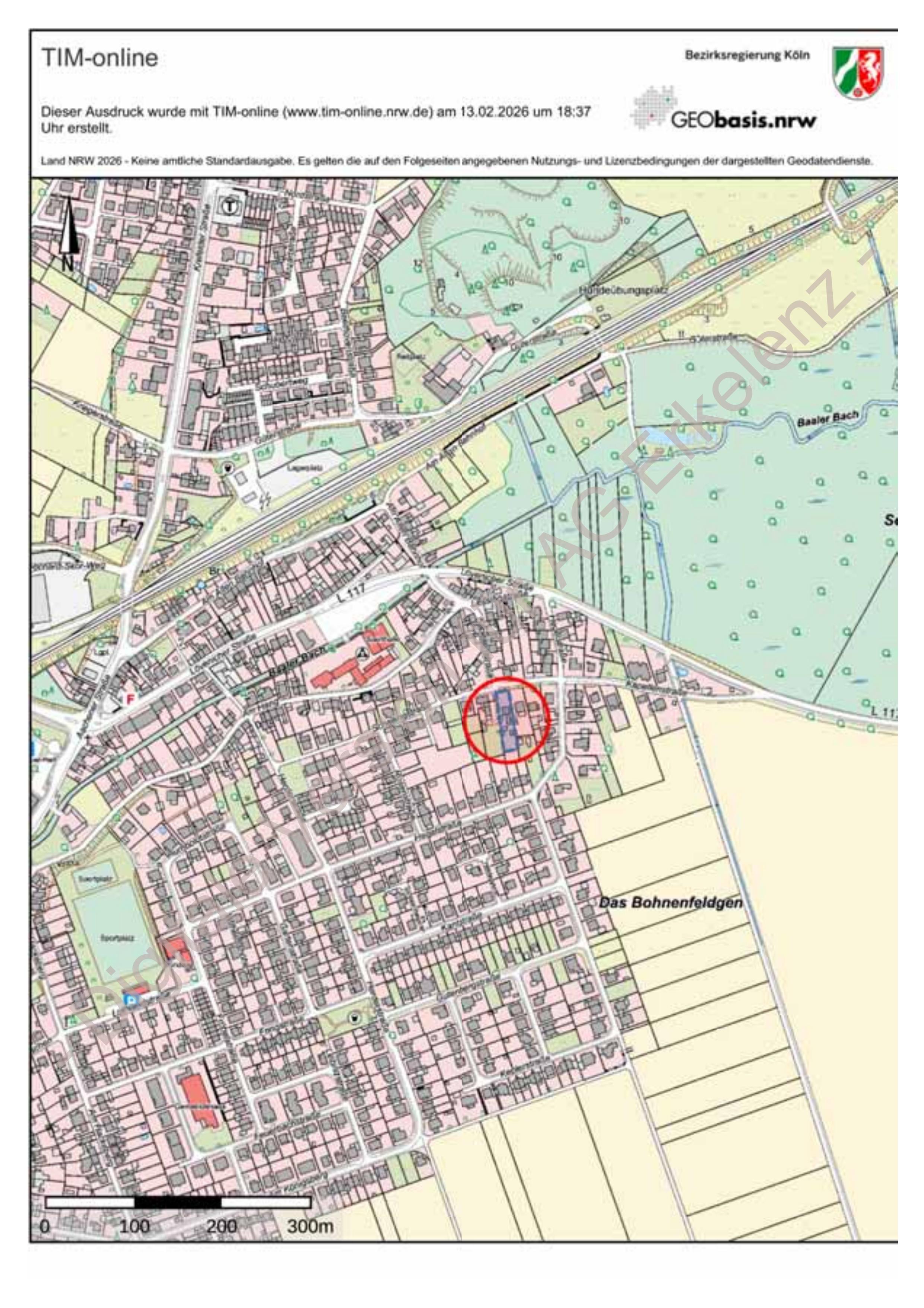 Lageplan des Zweifamilienhauses Kapellenstraße 20 in 41836 Hückelhoven Baal, markiert mit rotem Kreis auf einer Karte der Bezirksregierung Köln, TIM-online-Ausdruck