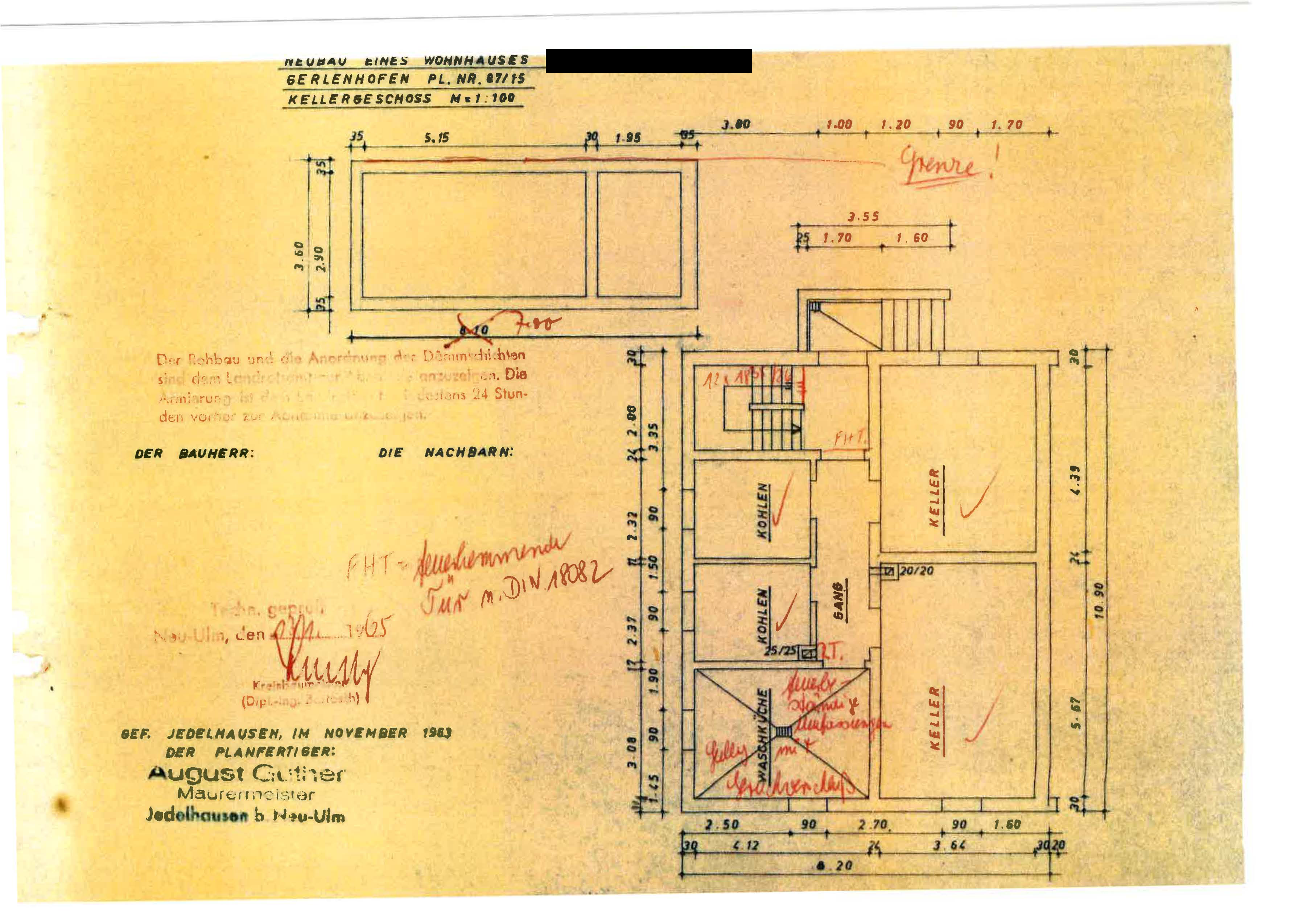 Grundriss des Kellergeschosses eines Wohnhauses in Gerlenhofen, Plan Nr. 87/15, Maßstab 1:100, mit Keller, Kohlenräumen und Waschküche, datiert November 1963