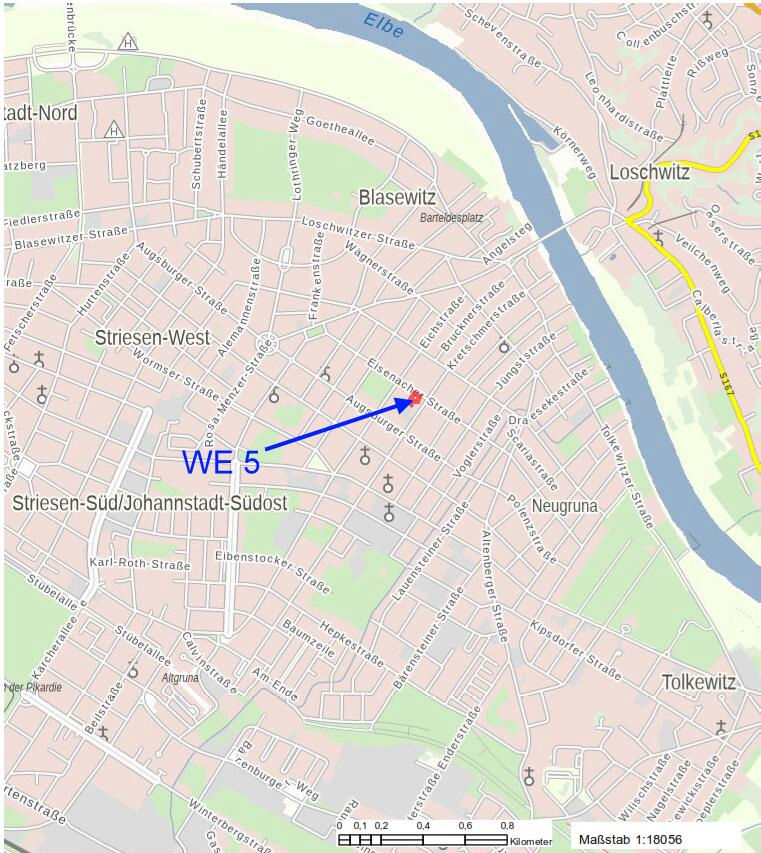 Karte von Dresden, Stadtteil Blasewitz, mit Markierung der Eisenacher Straße 28, Postleitzahl 01277, im Bereich Striesen-West und Neugruna