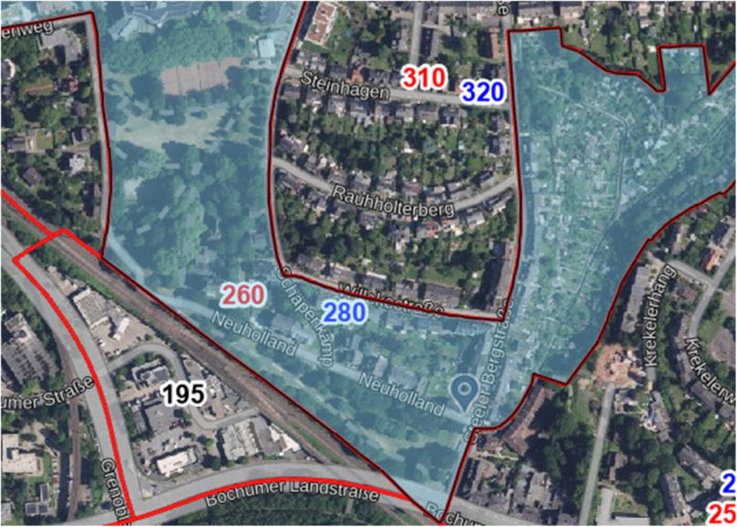 Luftbildansicht von Neuholland in Essen, 45276, mit markierten Flächen und Straßen wie Bochumer Landstraße und Rauhhölterberg; Objekt Neuholland 2, Kfz-Stellplatz in Tiefgarage