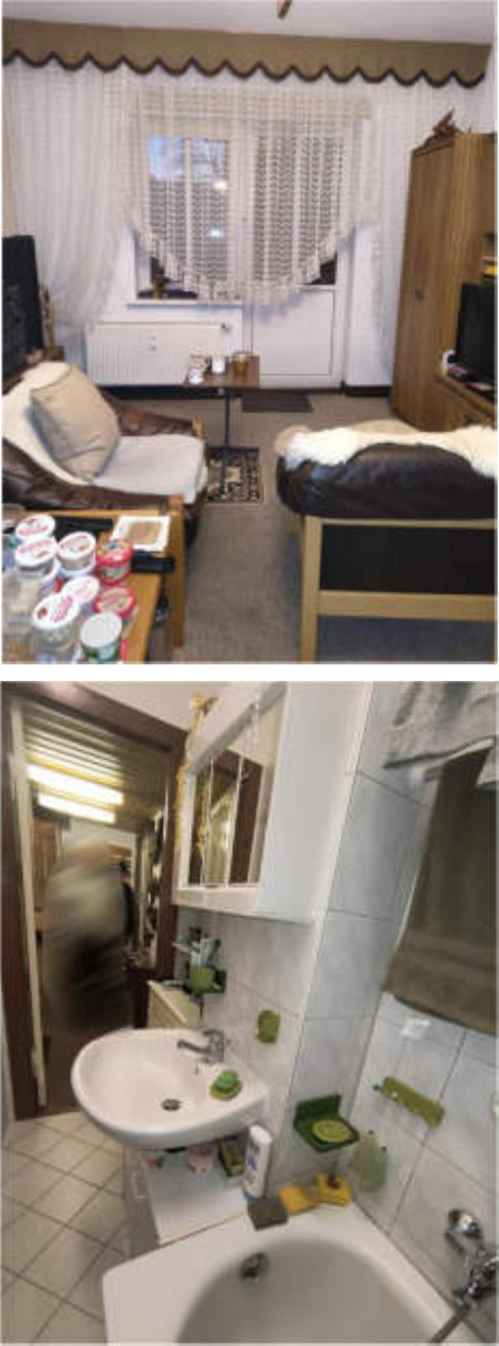 Wohnbereich mit Sofa, Couchtisch und Fenster sowie Badezimmer mit Waschbecken und Badewanne in einer Eigentumswohnung in Berlin