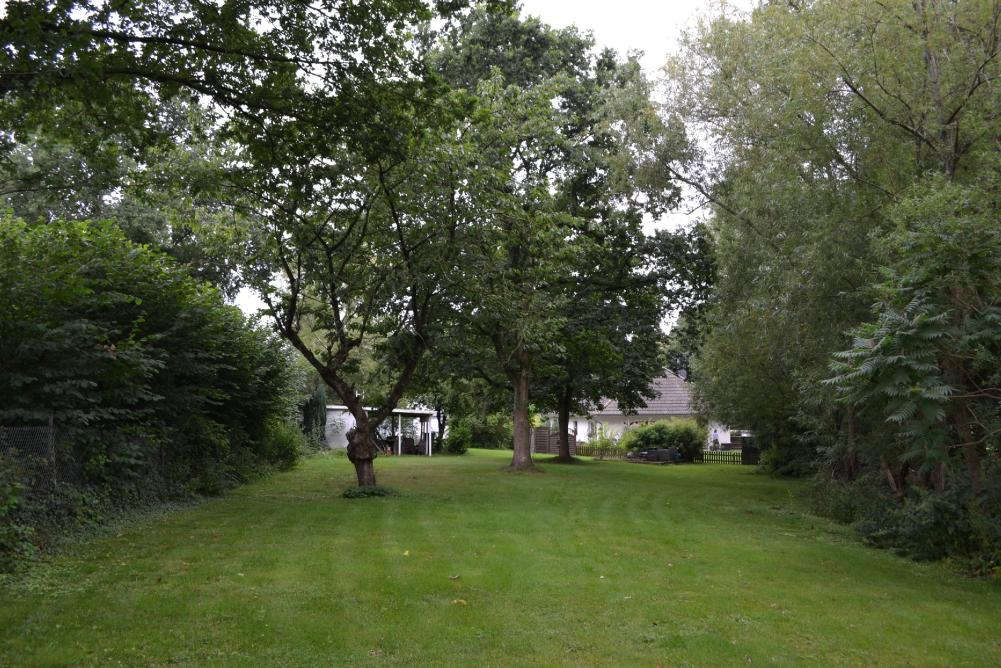Grüner Garten mit Bäumen und Sträuchern, im Hintergrund ein Wohnhaus in Pohnsdorf, Seestraße 3, 5
