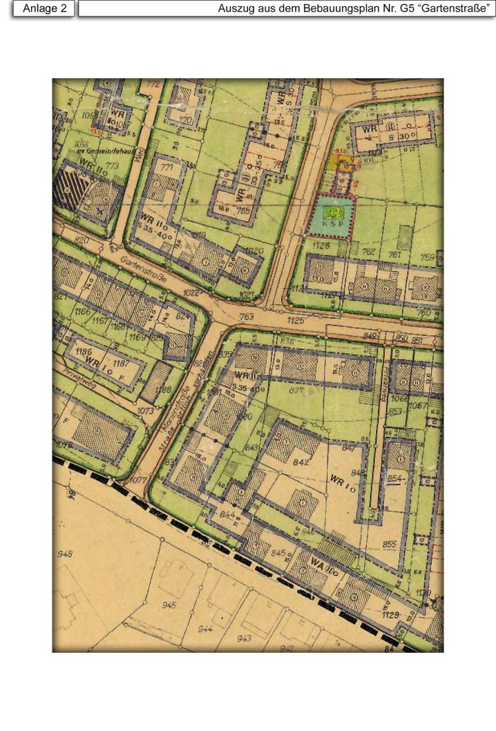 Auszug aus dem Bebauungsplan Nr. G5 'Gartenstraße' mit Grundstücken, Straßen und Bebauungszonen in Bad Salzuflen