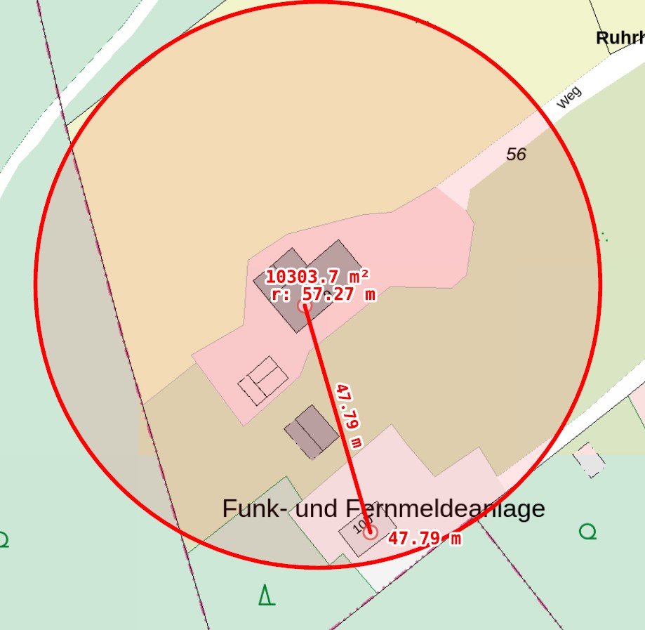 Flurkarte mit Grundstücksabgrenzung, Flächenangabe von 10303,7 m² und Radiuslinien, Lage der Funk- und Fernmeldeanlage in Hattingen