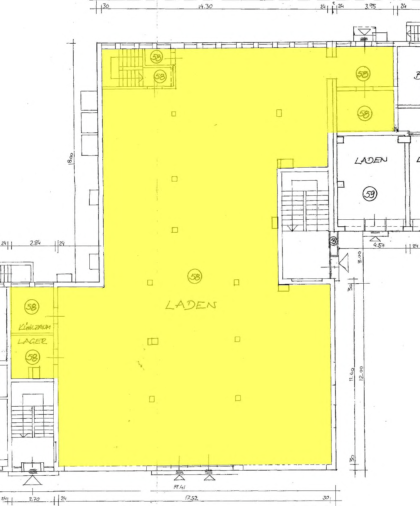 Grundriss einer Gewerbeeinheit mit Laden, Kühlraum und Lager; Maßangaben und Raumnummern sind eingezeichnet