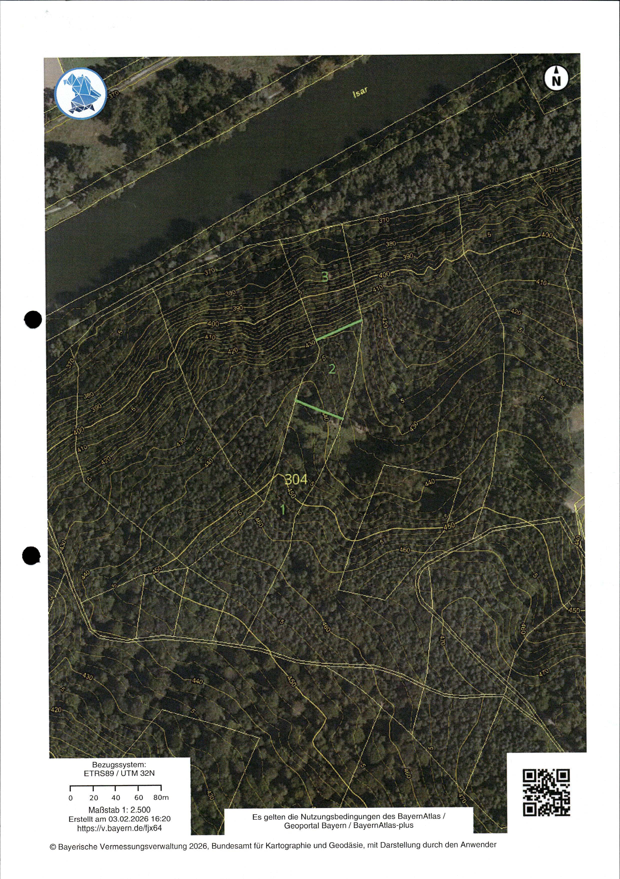 Aerial view of Schlösselberg, Niederaichbach-Hüttenkofen, mit Wald, Konturlinien und Flurstücksgrenzen, Maßstab 1:2.500