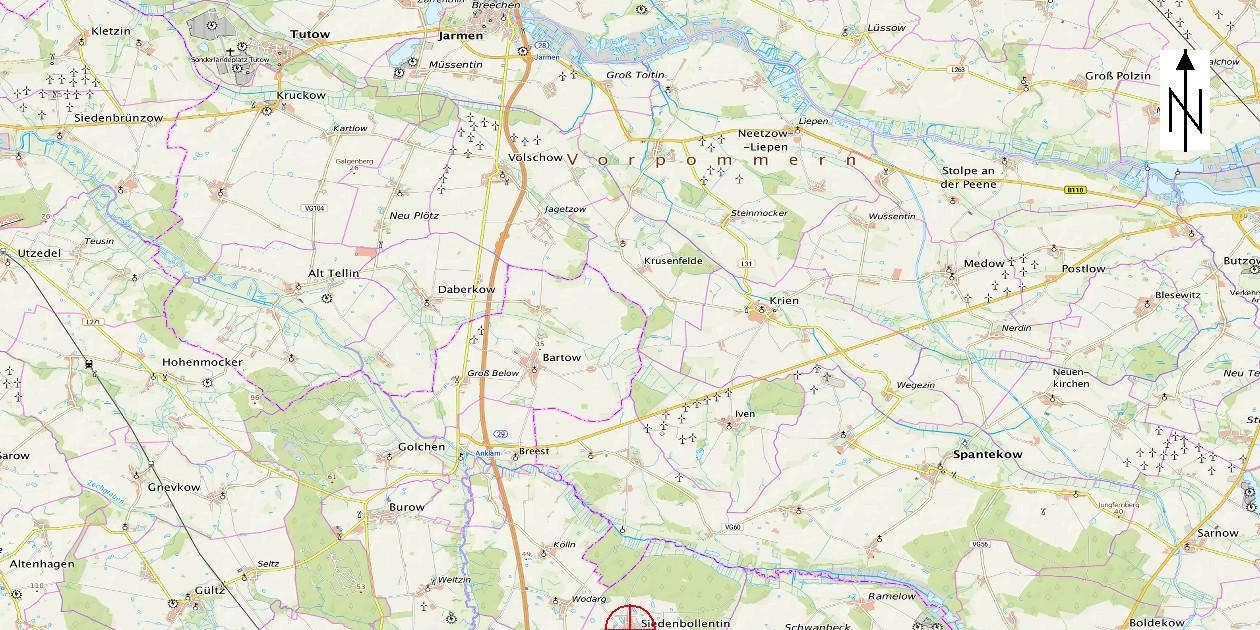 Lagekarte der Region um Siedenbollentin mit Straßen, Ortschaften und Flussverläufen, inklusive Nordpfeil