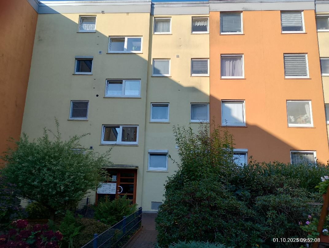 Eingangsbereich eines Mehrfamilienhauses mit gelb-oranger Fassade, Fenstern und Grünanlagen im Vordergrund