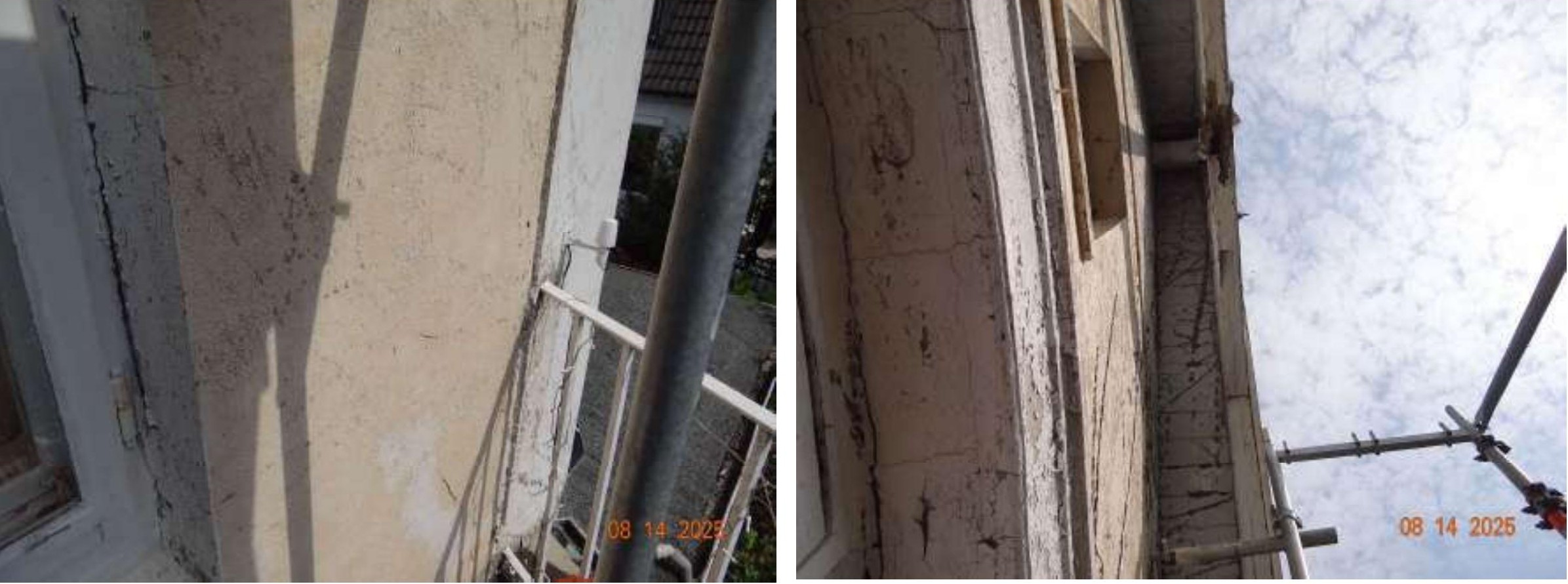 Seitenansicht der Fassade eines Gebäudes mit Rissen und abblätternder Farbe, Metallpfosten und Geländer im Vordergrund, Sicht auf Himmel und Baugerüst