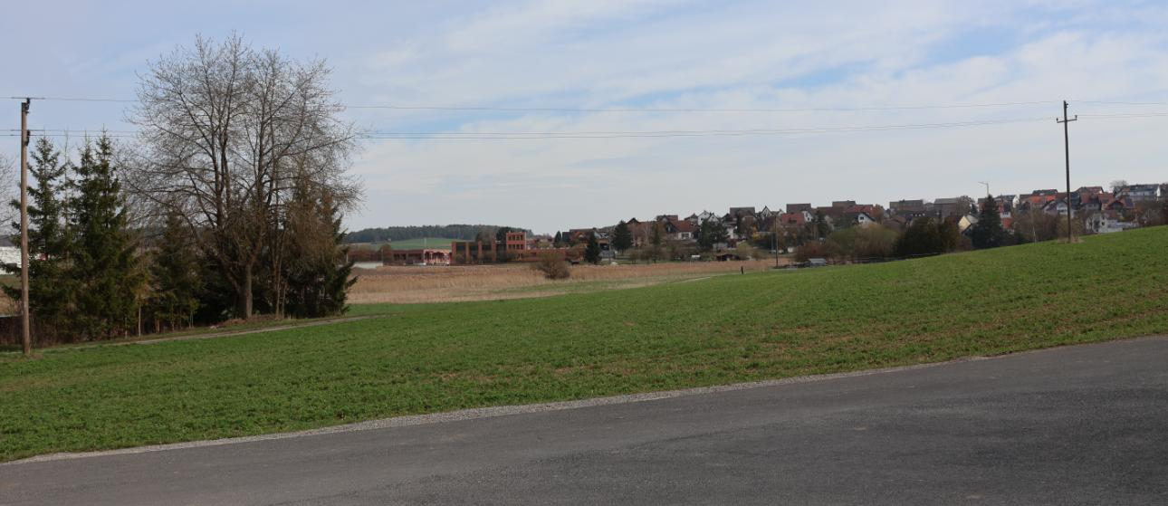 Weitwinkelansicht eines landwirtschaftlich genutzten Grundstücks mit Grünland, Bäumen und im Hintergrund einem Wohngebiet in Gemünden