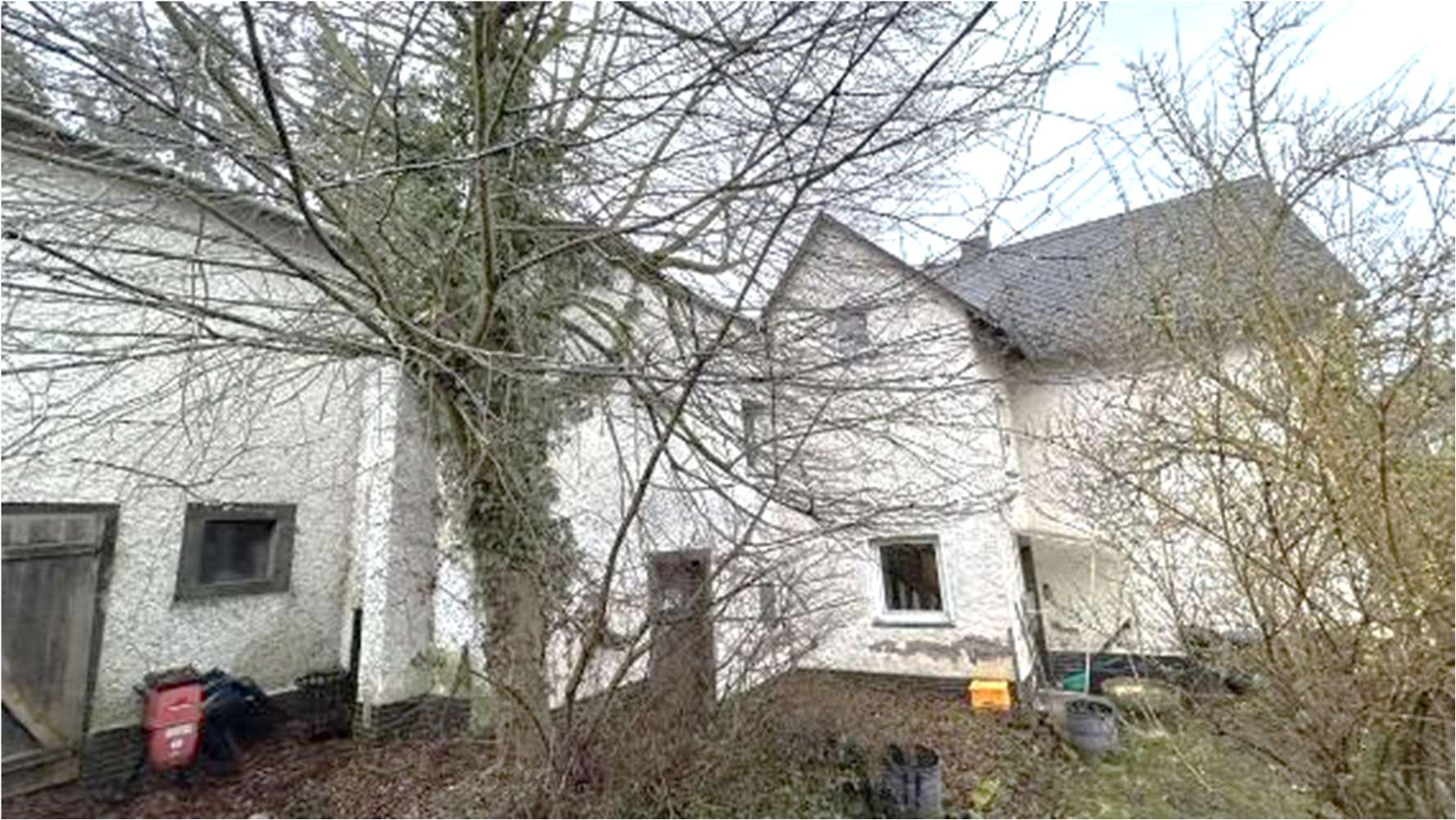 Rückansicht eines Wohn-/Geschäftshauses mit weiß verputzten Wänden, Dach, Fenstern und umgebenden kahlen Bäumen in Mayen, Hauptstraße 22