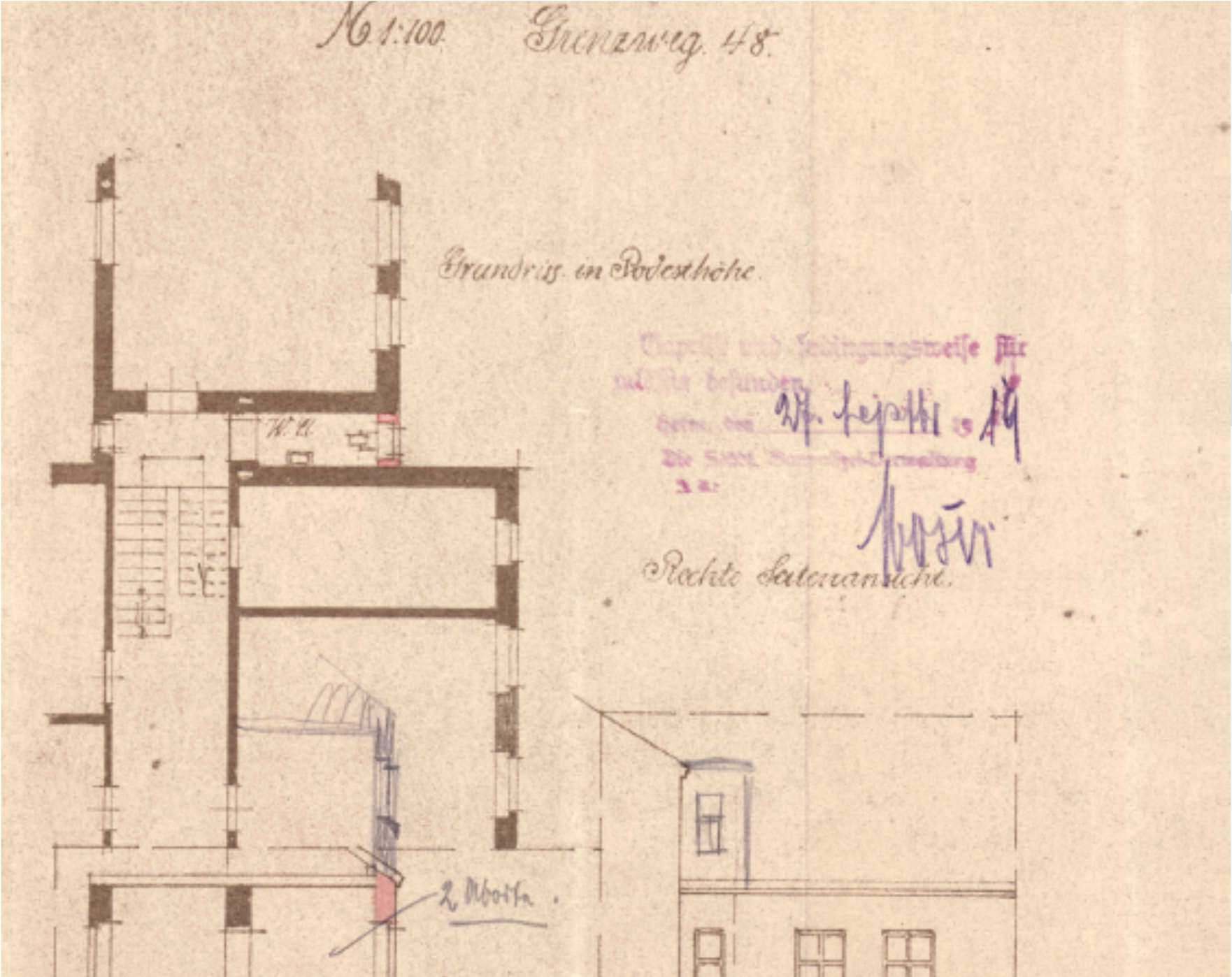 Grundriss im Bodenhohe des Gebäudes Grenzweg 48, Maßstab 1:100, mit Treppenhaus und Raumbezeichnungen