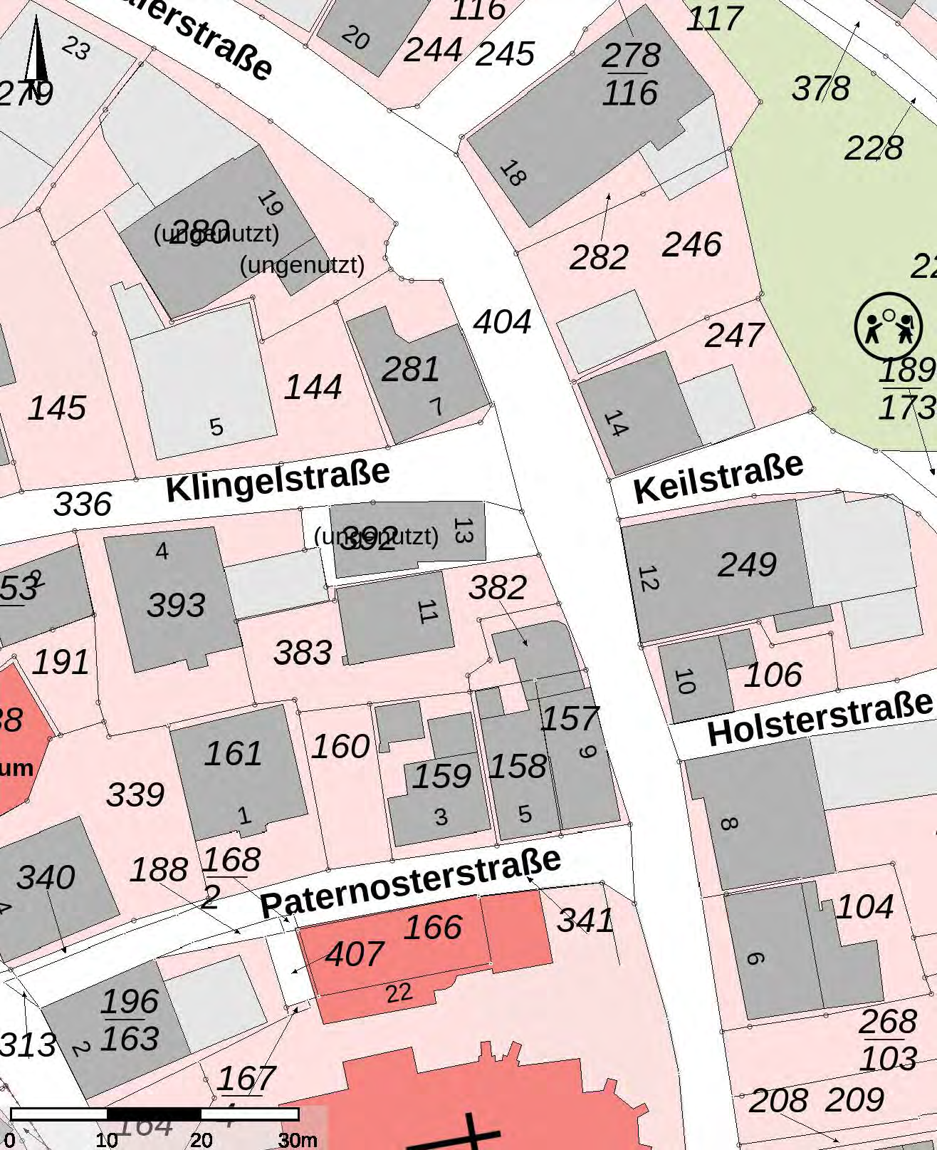 Flurkarte mit Grundstücken, Straßenbezeichnungen und Parzellennummern in Nieheim, darunter Klingelstraße, Keilstraße und Paternosterstraße