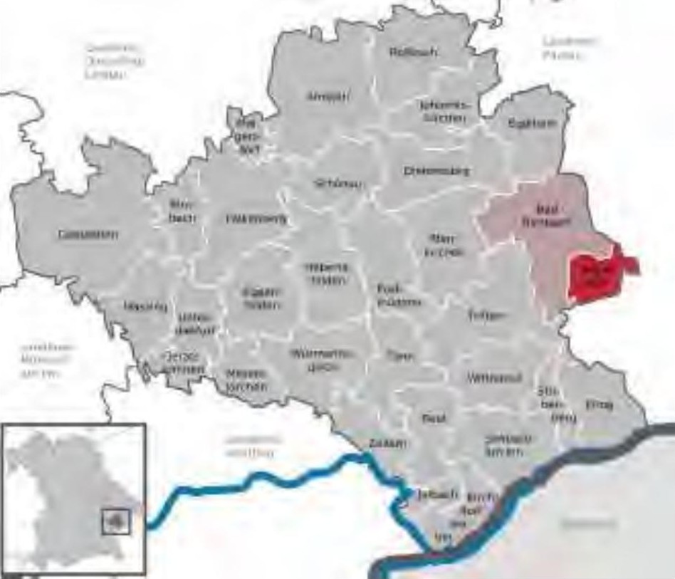 Lagekarte der Region Bayern mit hervorgehobener Gemarkung, die die Nähe zur Stadt Bayerbach zeigt