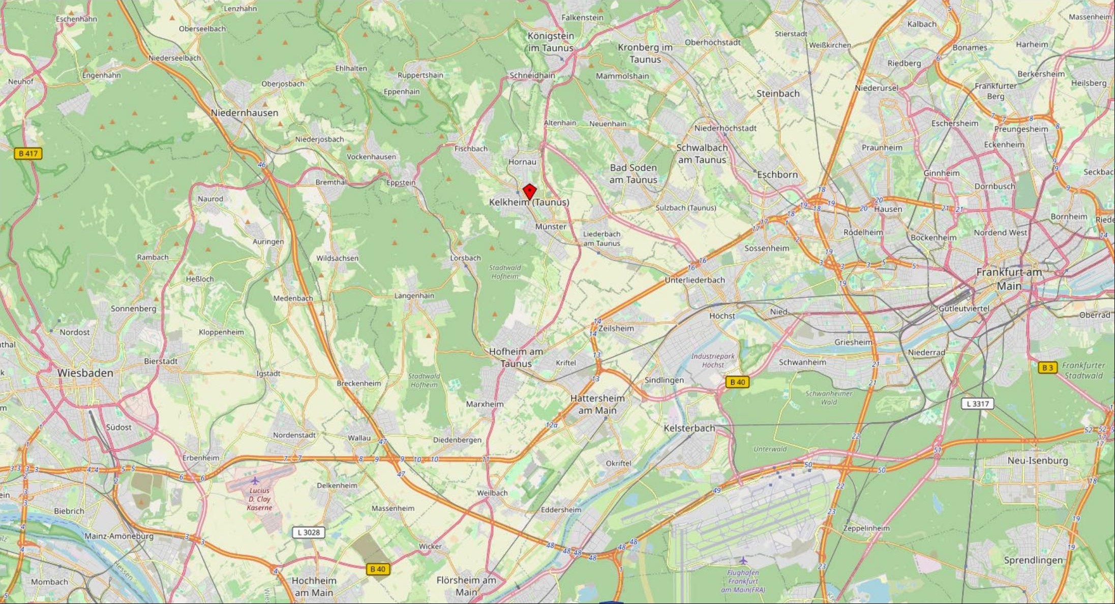 Lagekarte mit Markierung von Kelkheim am Taunus, umgeben von Straßen und Nachbargemeinden wie Frankfurt am Main und Wiesbaden