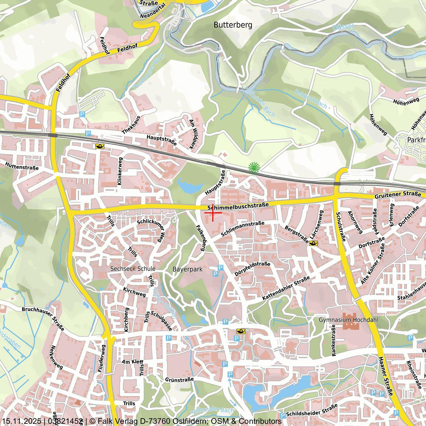Lagekarte von Erkrath mit markierter Position an der Schimmelbuschstraße, umgeben von Straßen, Grünflächen und Gewässern