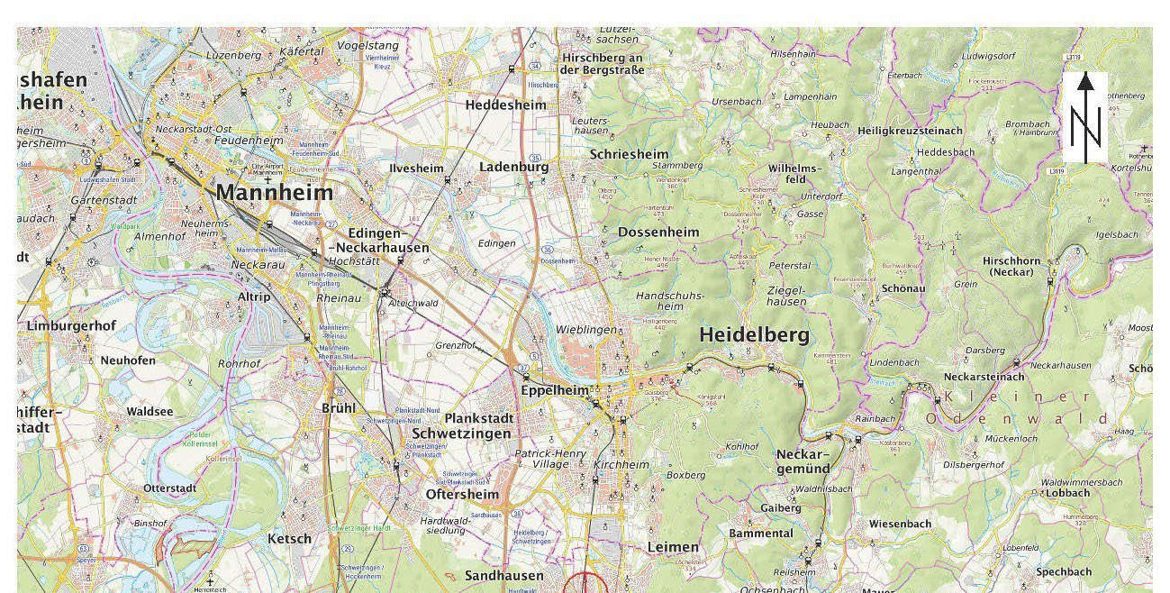 Lagekarte der Region um Heidelberg und Mannheim mit markierten Ortschaften, Straßen und dem Kleinen Odenwald; zeigt den Standort von Leimen im Kontext der Umgebung