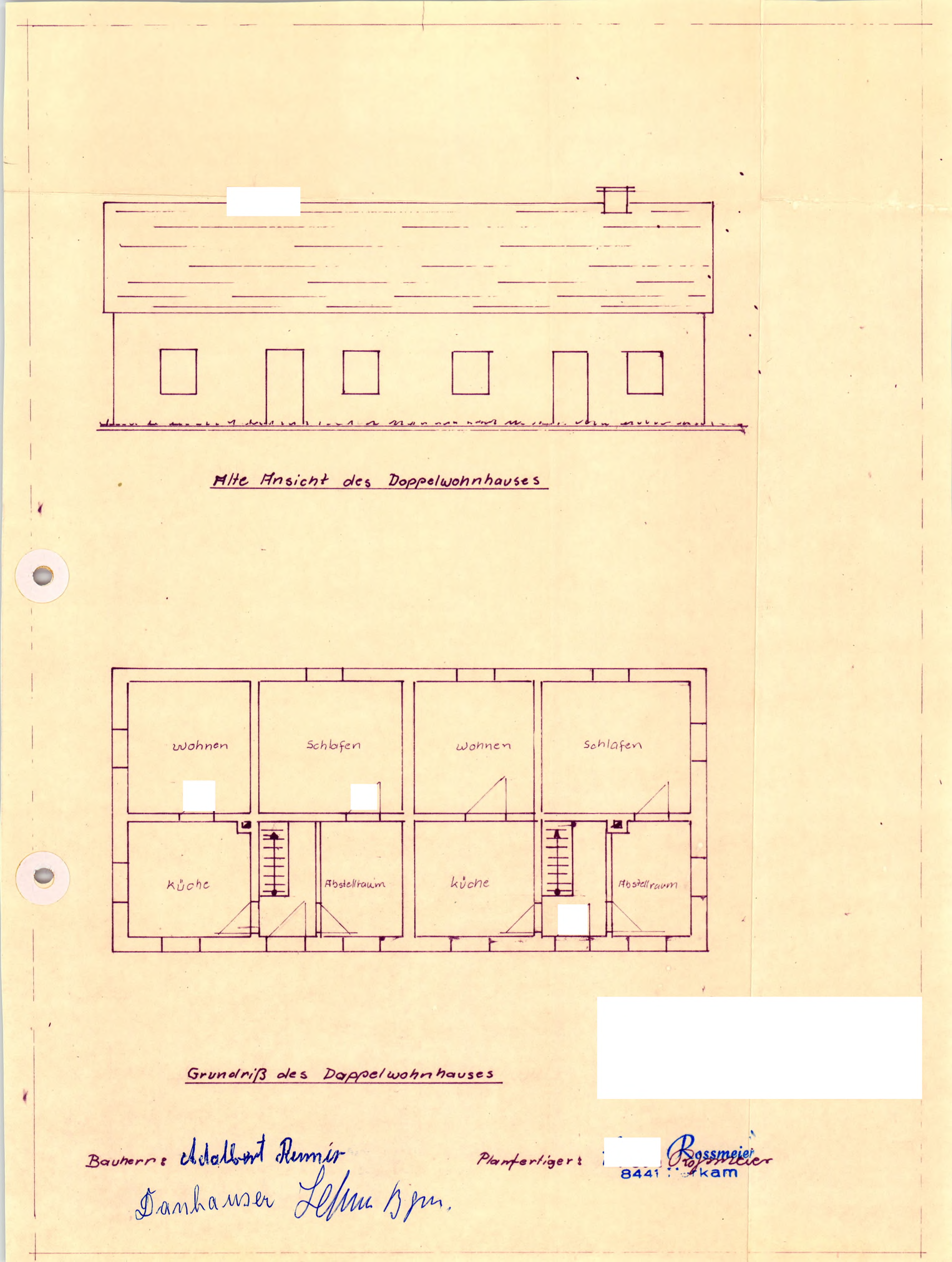 Grundriss und Ansicht eines Doppelwohnhauses mit Wohn-, Schlaf- und Küchenräumen sowie Treppen und Abstellräumen