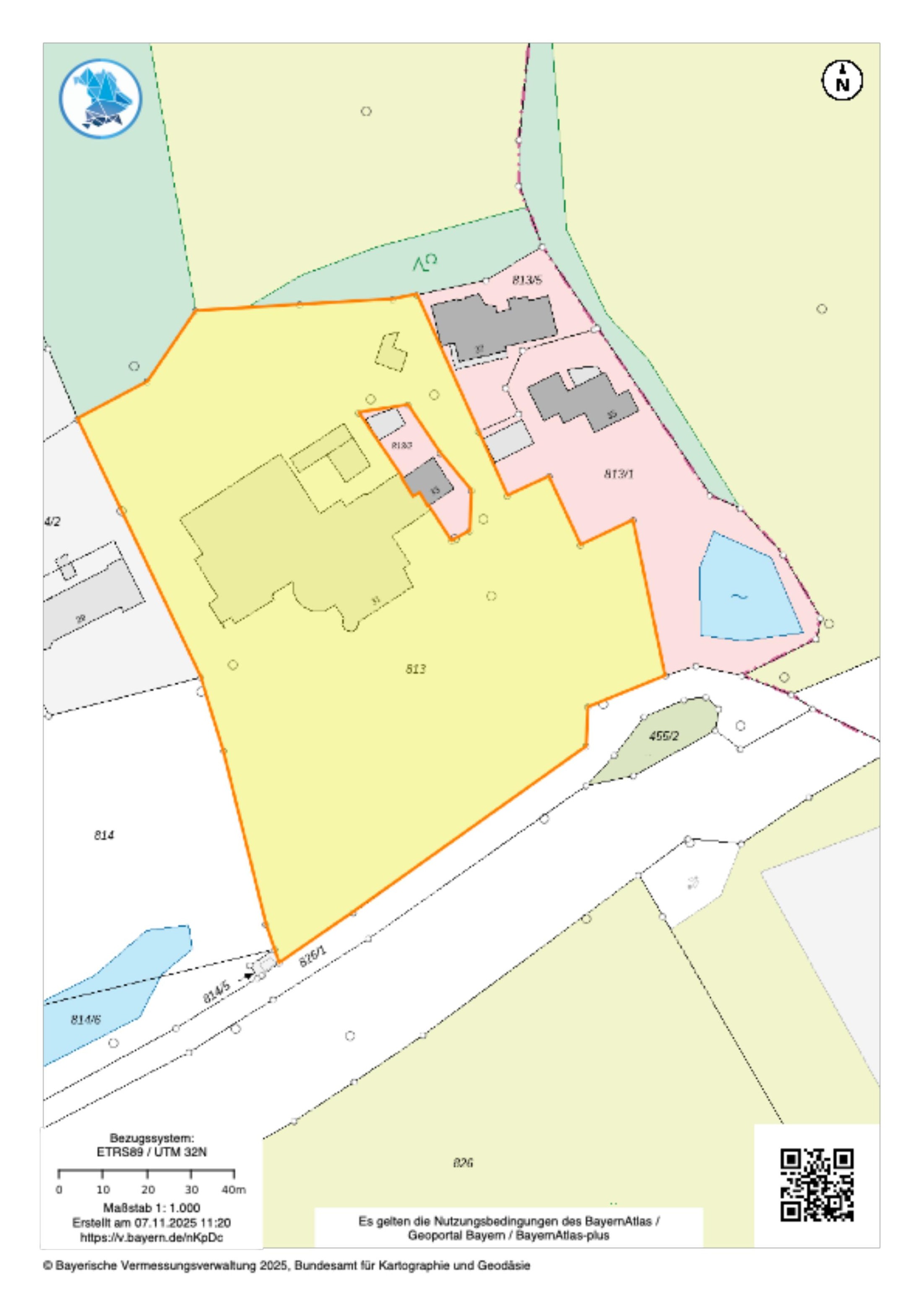 Flurkarte mit Grundstücksnummern und Parzellenabgrenzung für Hauzenberg, Penzenstadl 31, inklusive Koordinatensystem ETRS89/UTM 32N