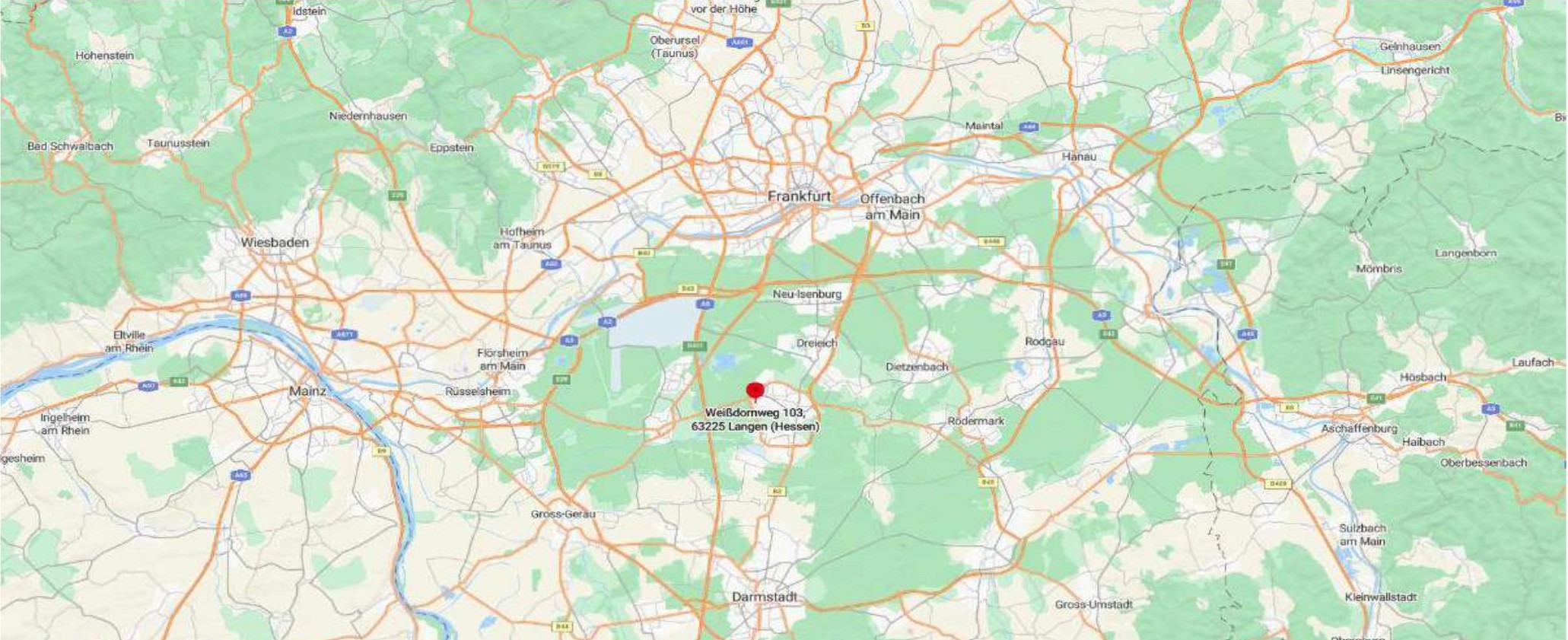 Lagekarte mit Markierung der Adresse Weißdornweg 103, 63225 Langen (Hessen) im Raum Frankfurt und Darmstadt