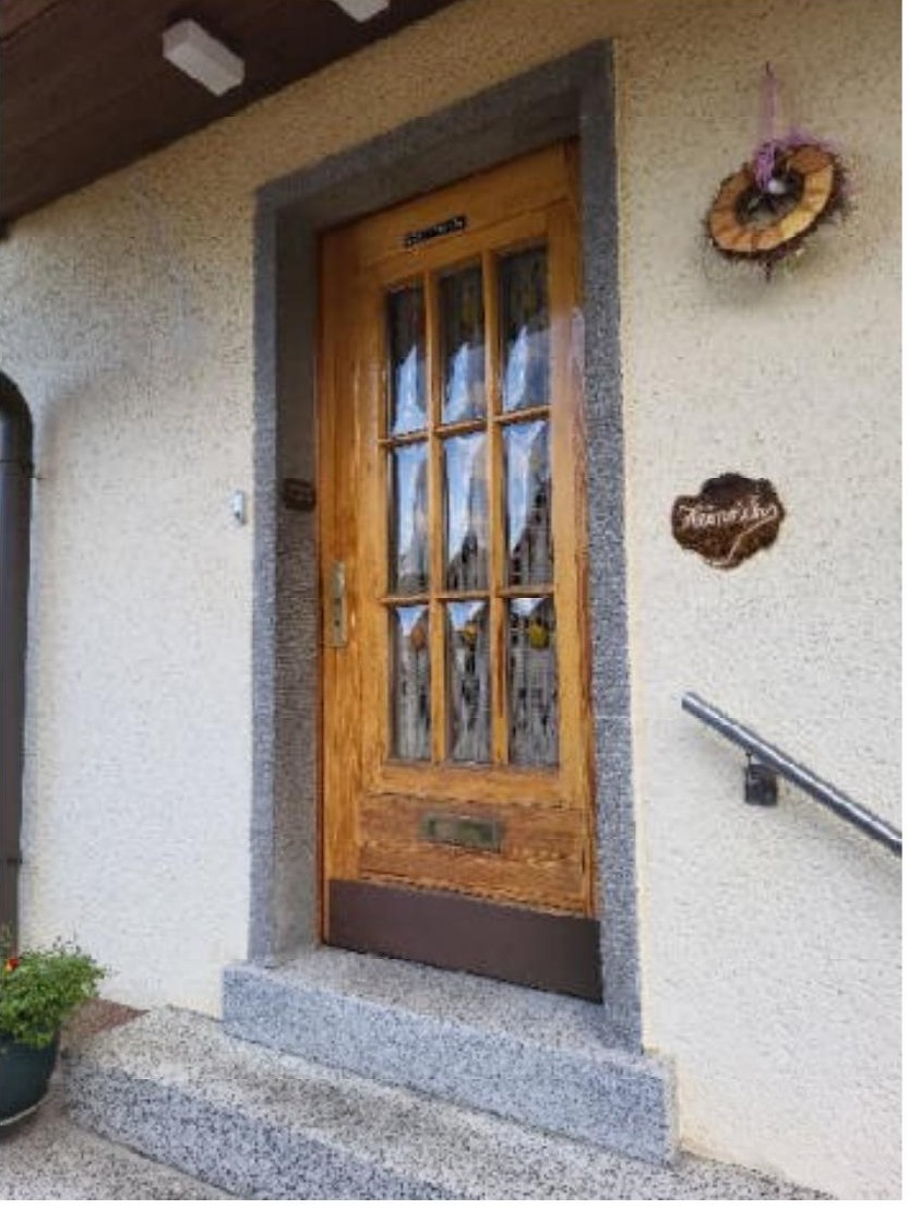 Eingangstür eines Einfamilienhauses mit Holztür, Glasfeldern und Granitstufen, Wanddekoration und Briefkasten