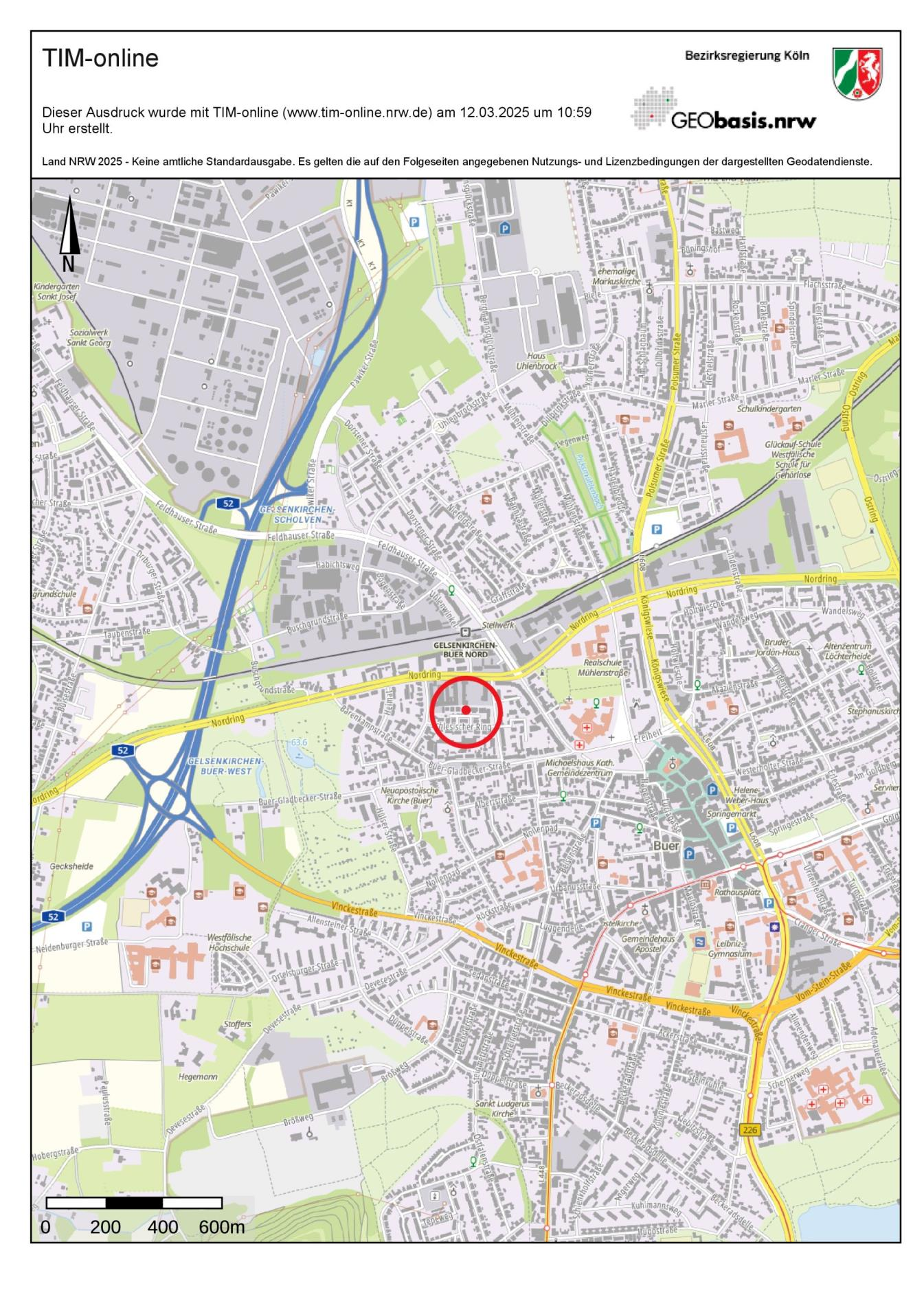 Lagekarte von Gelsenkirchen mit markierter Position am Schlesischen Ring 6b, umgeben von Straßen, Grünflächen und Infrastruktur