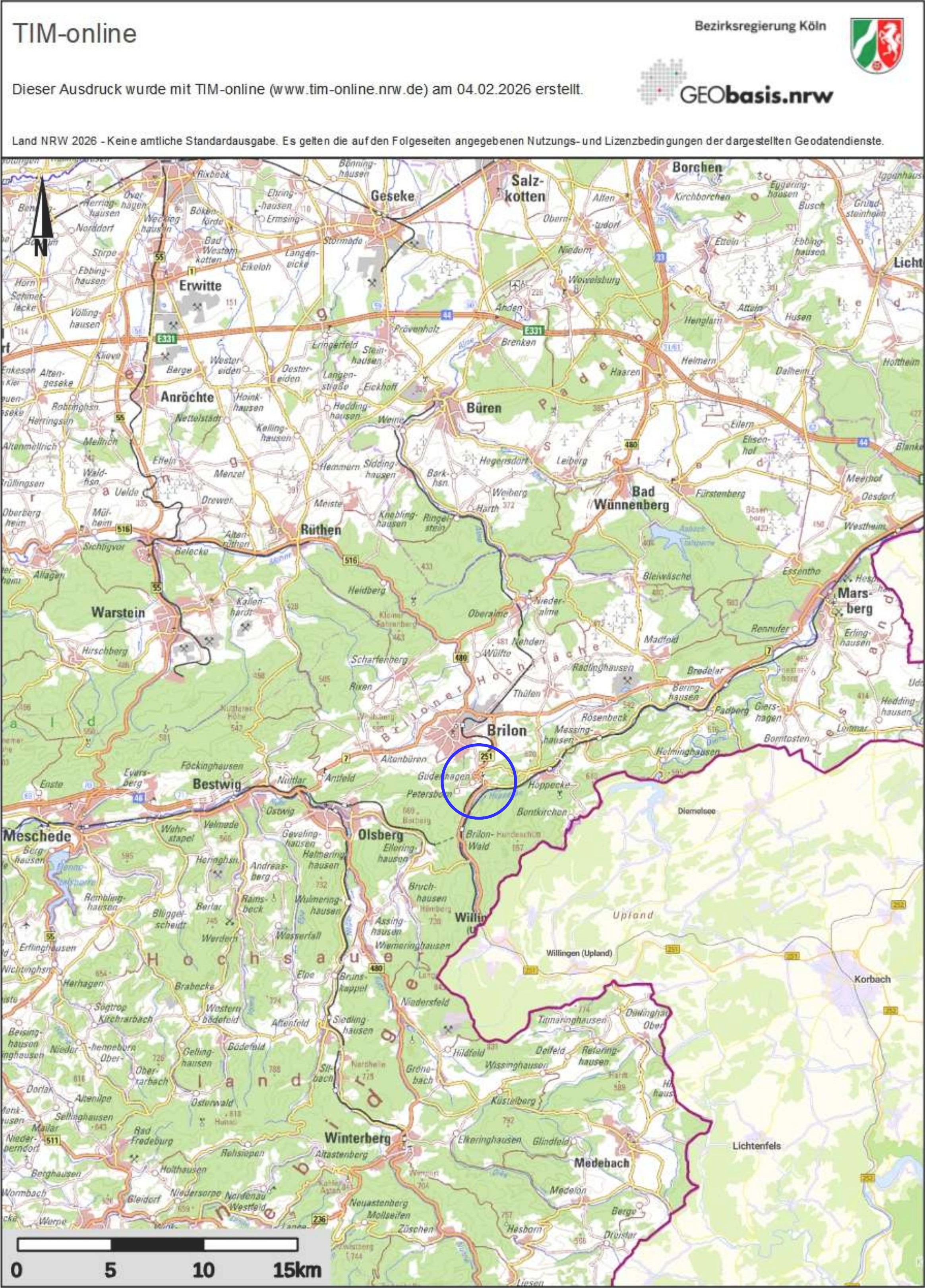 Lagekarte von Brilon und Umgebung mit blauem Kreis um einen Bereich nahe Brilon, aus dem Geodatenportal TIM-online der Bezirksregierung Köln