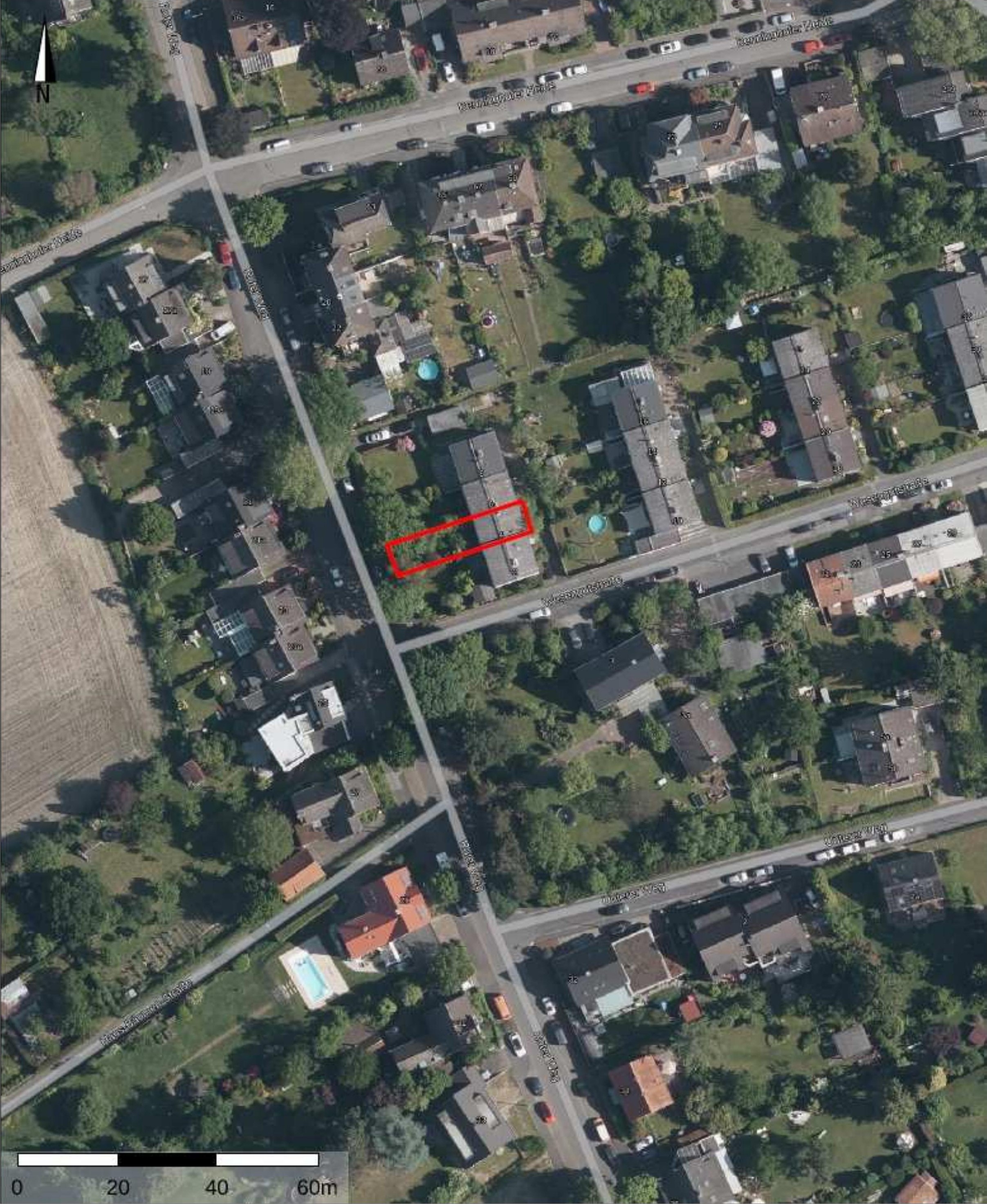 Luftbild der Wohngegend in Dortmund mit markierter Immobilie an der Wesengutstr. 4, umgeben von Straßen und Grünflächen
