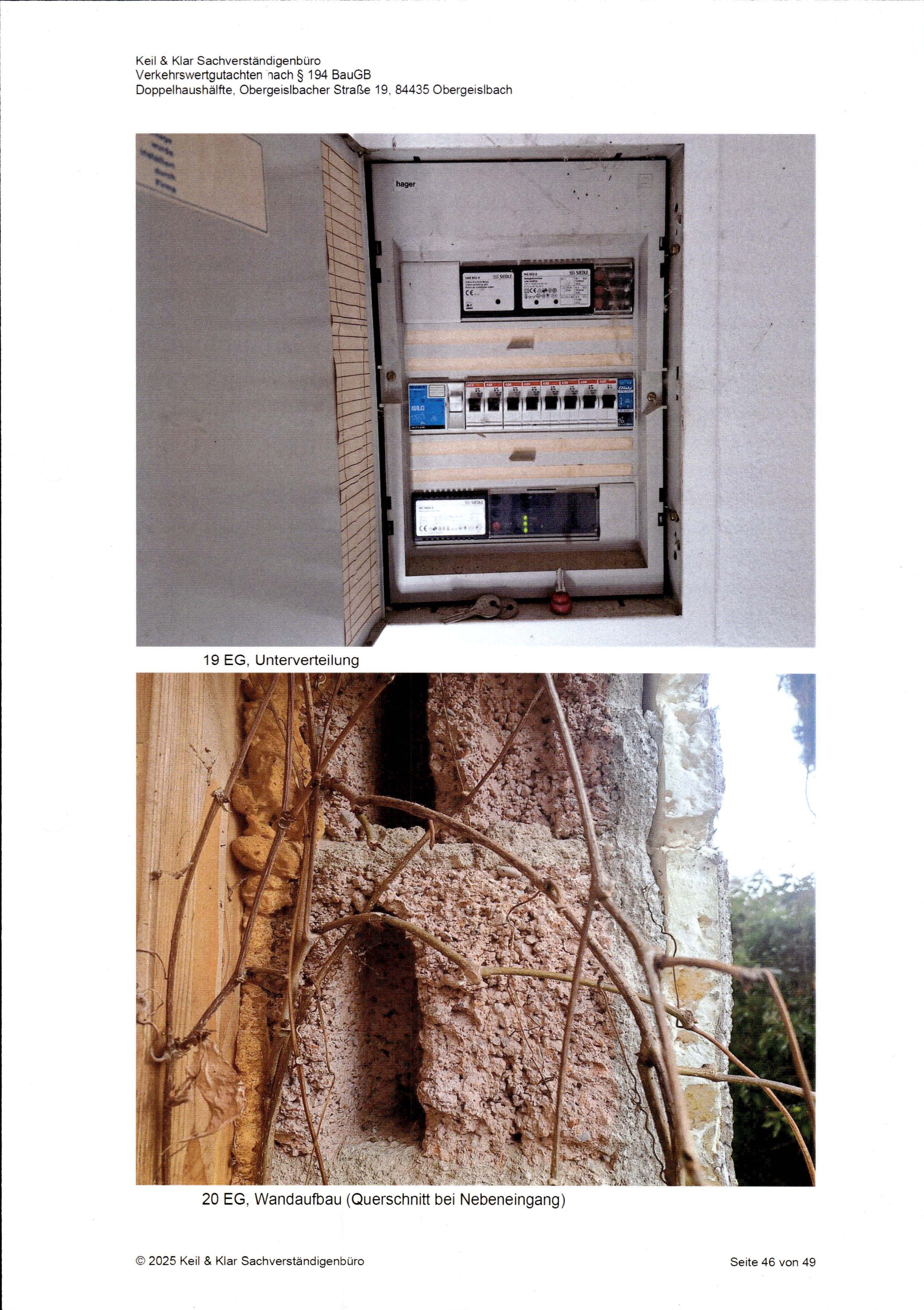 Elektrische Unterverteilung im Erdgeschoss und Querschnitt des Wandaufbaus bei Nebeneingang mit sichtbaren Mauerwerk und Bewehrung