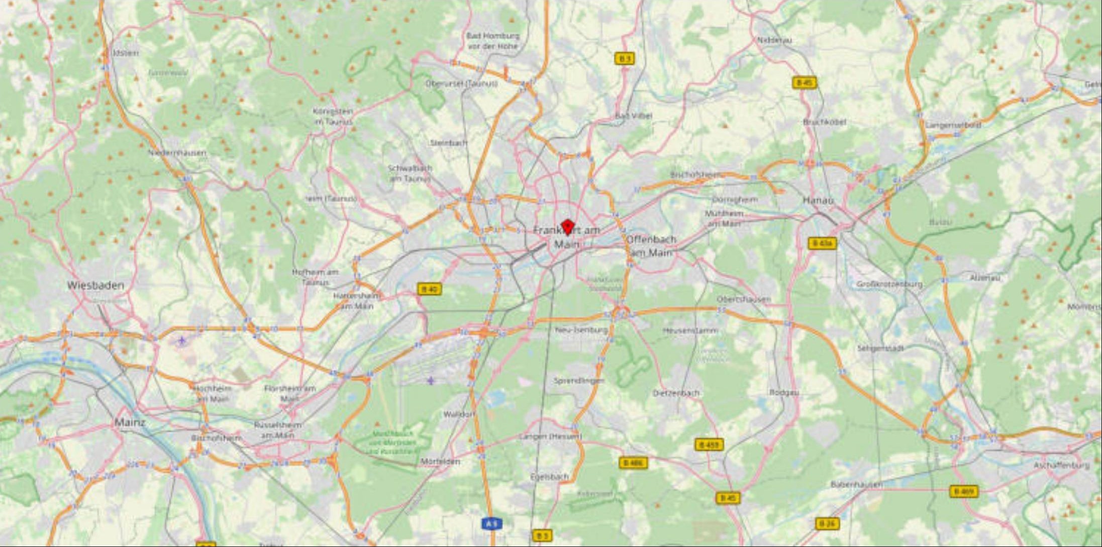Lagekarte mit Frankfurt am Main im Zentrum, umgebenden Städten und Autobahnen wie A3 und A66