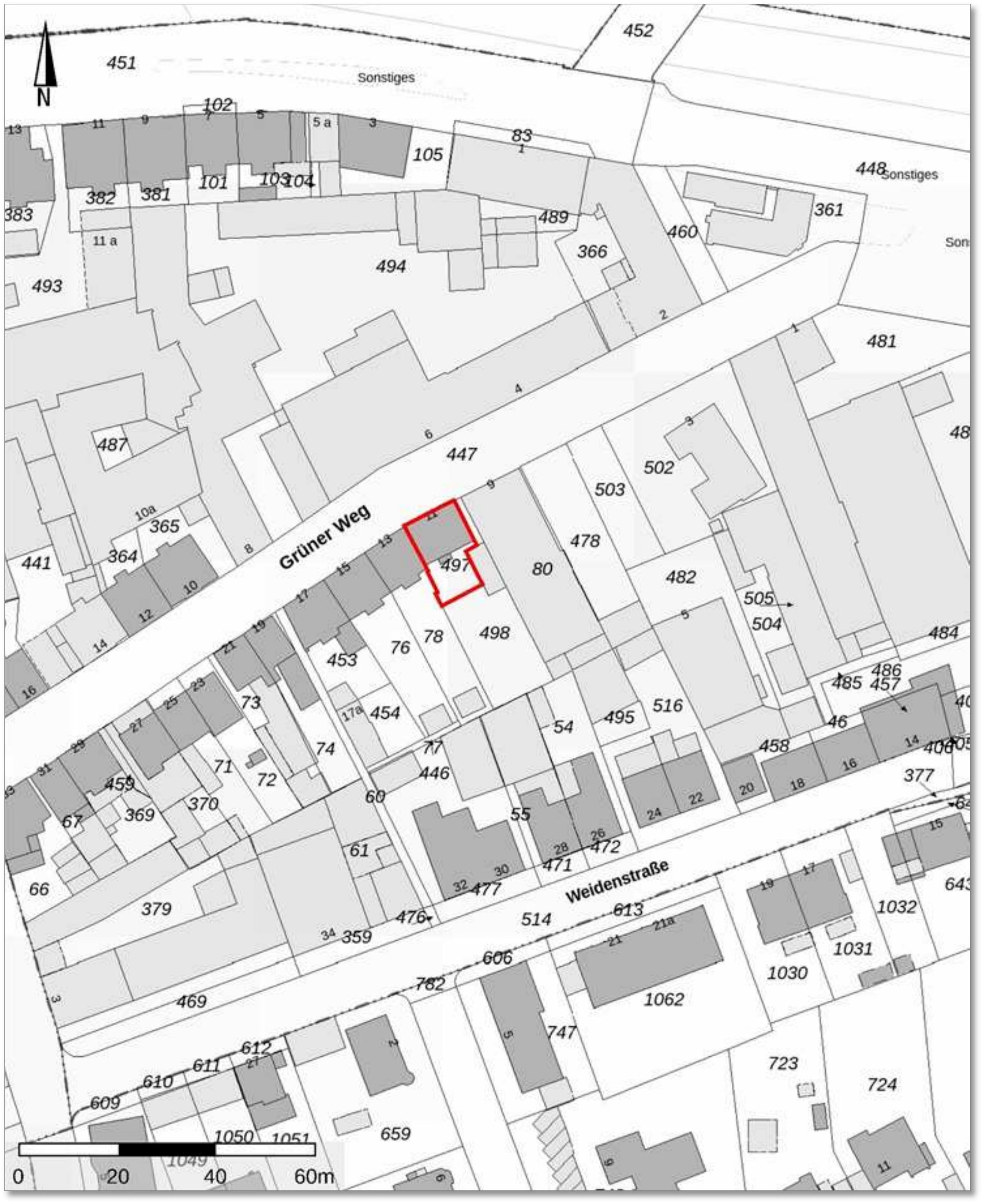 Kadastralplan von Iserlohn, Straße Grüner Weg und Weidenstraße mit Grundstücksnummern