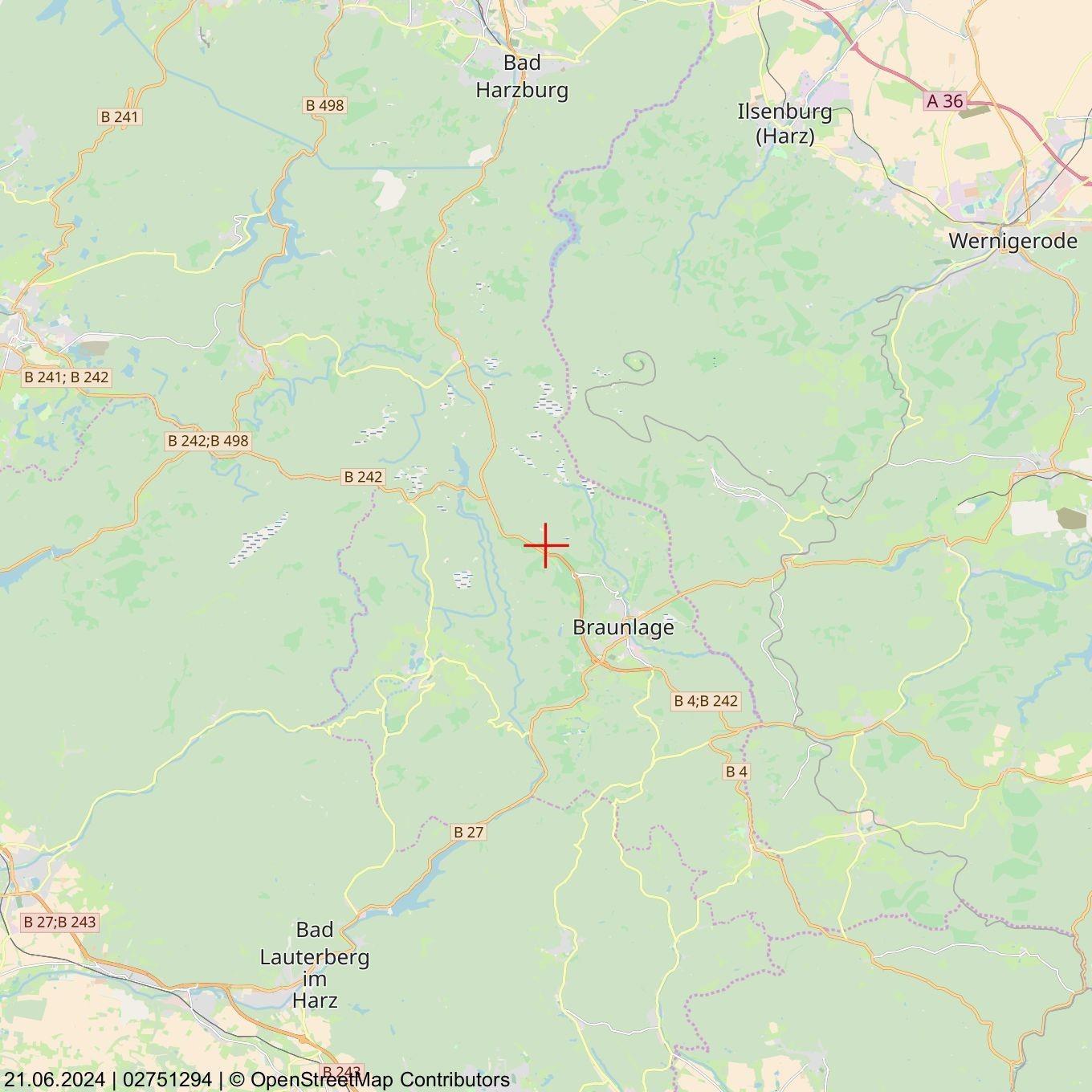 Lagekarte der Gemeinde Braunlage mit umliegenden Orten und Straßen, roter Kreuzmarkierung im Zentrum der Gemeinde