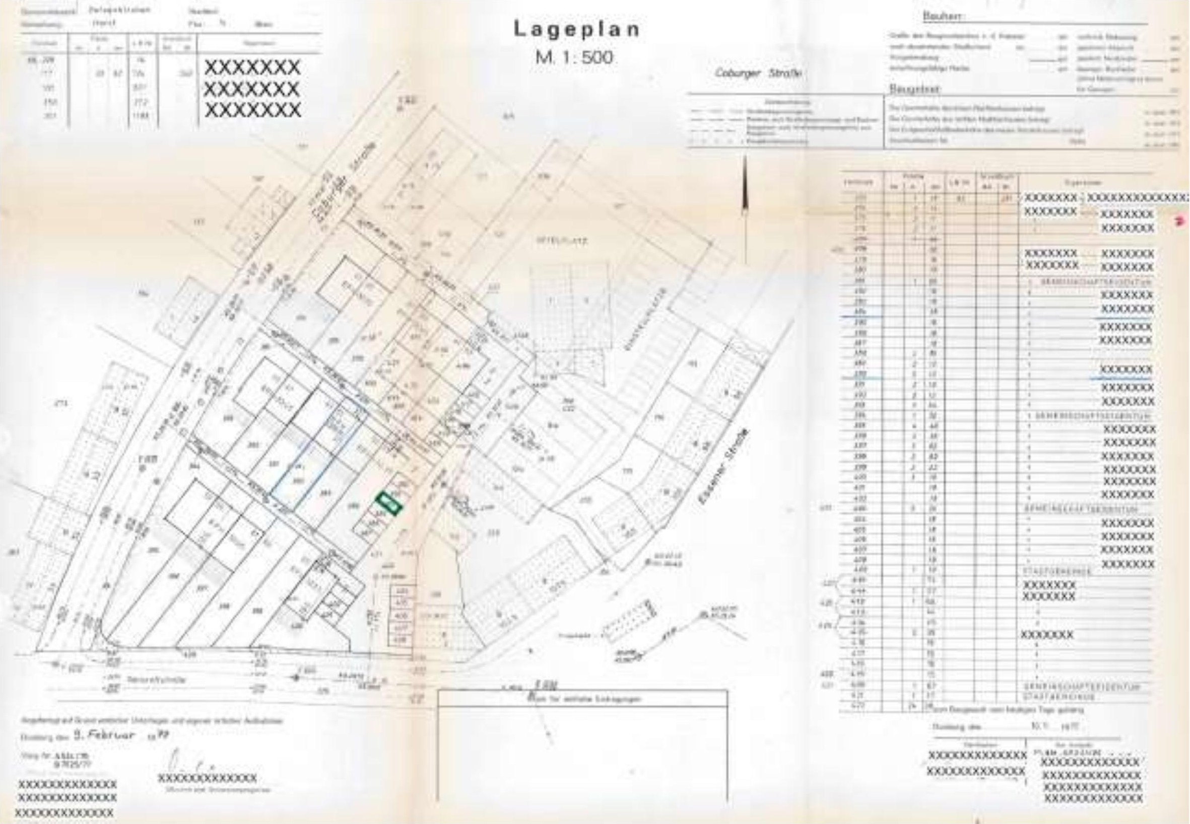Lageplan im Maßstab 1:500 mit Grundstücksabgrenzungen, Straßen und Gebäuden in Marl, Gudrunstraße 1a