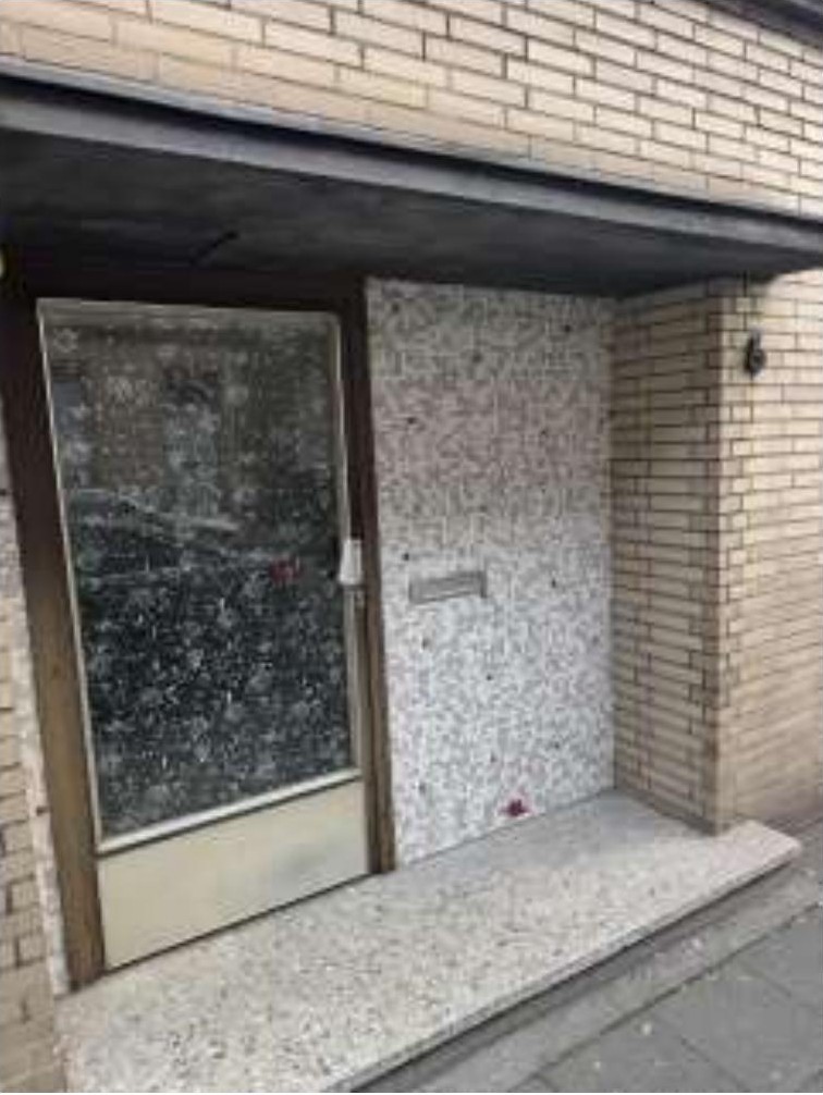 Eingangsbereich einer Eigentumswohnung mit Glastür, Fliesenwand und Betonstufe in Duisburg-Marxloh
