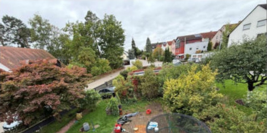 Gartenansicht mit Bäumen, Sträuchern und einem gepflasterten Weg, im Hintergrund Wohnhäuser und eine Straße in Büchenbach