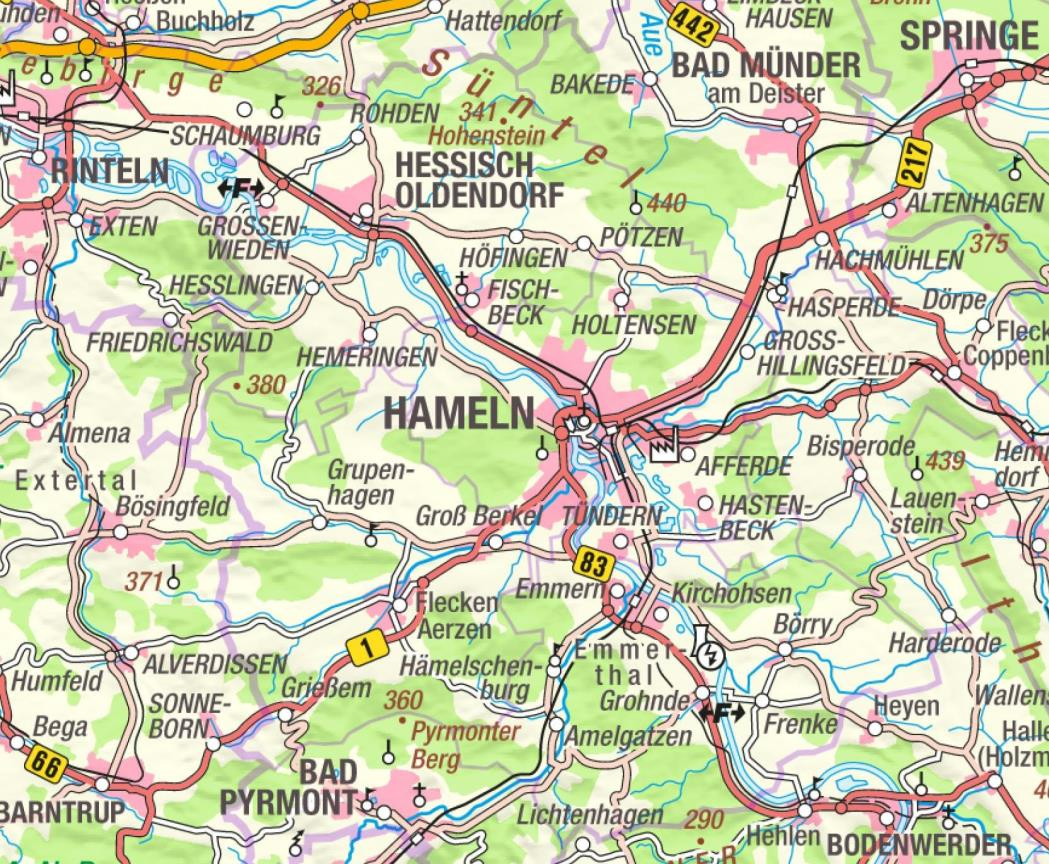 Lagekarte der Region um Hameln und Bad Münder am Deister mit Straßen, Flüssen und Ortschaften