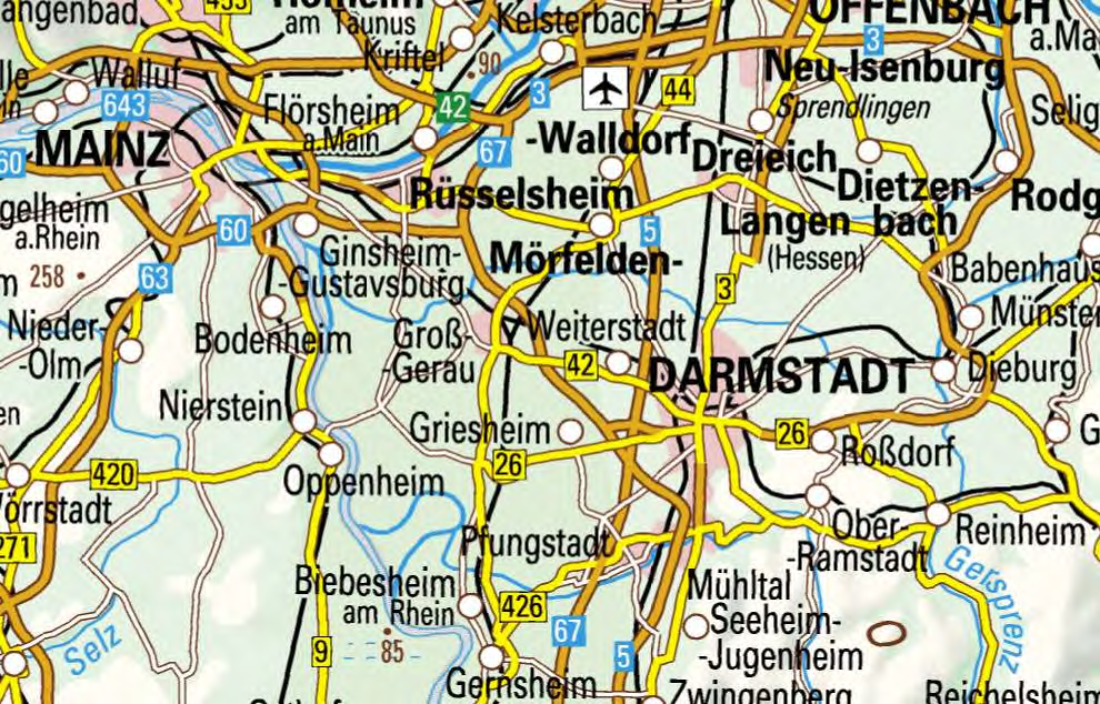Lagekarte der Region um Mainz und Darmstadt mit Straßen, Städten und Flüssen, einschließlich der Umgebung der Immobilie in Mainz