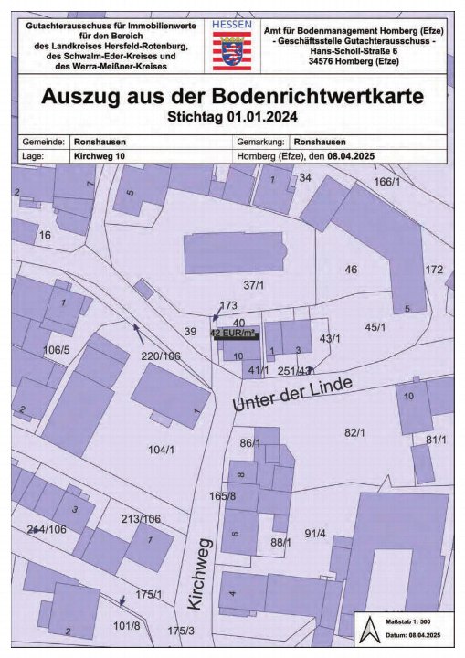 Cadastral-Karte von Ronshausen, Kirchweg 10, mit Grundstücksnummern und Bodenrichtwert von 42 EUR/m², Stand 01.01.2024, Maßstab 1:500
